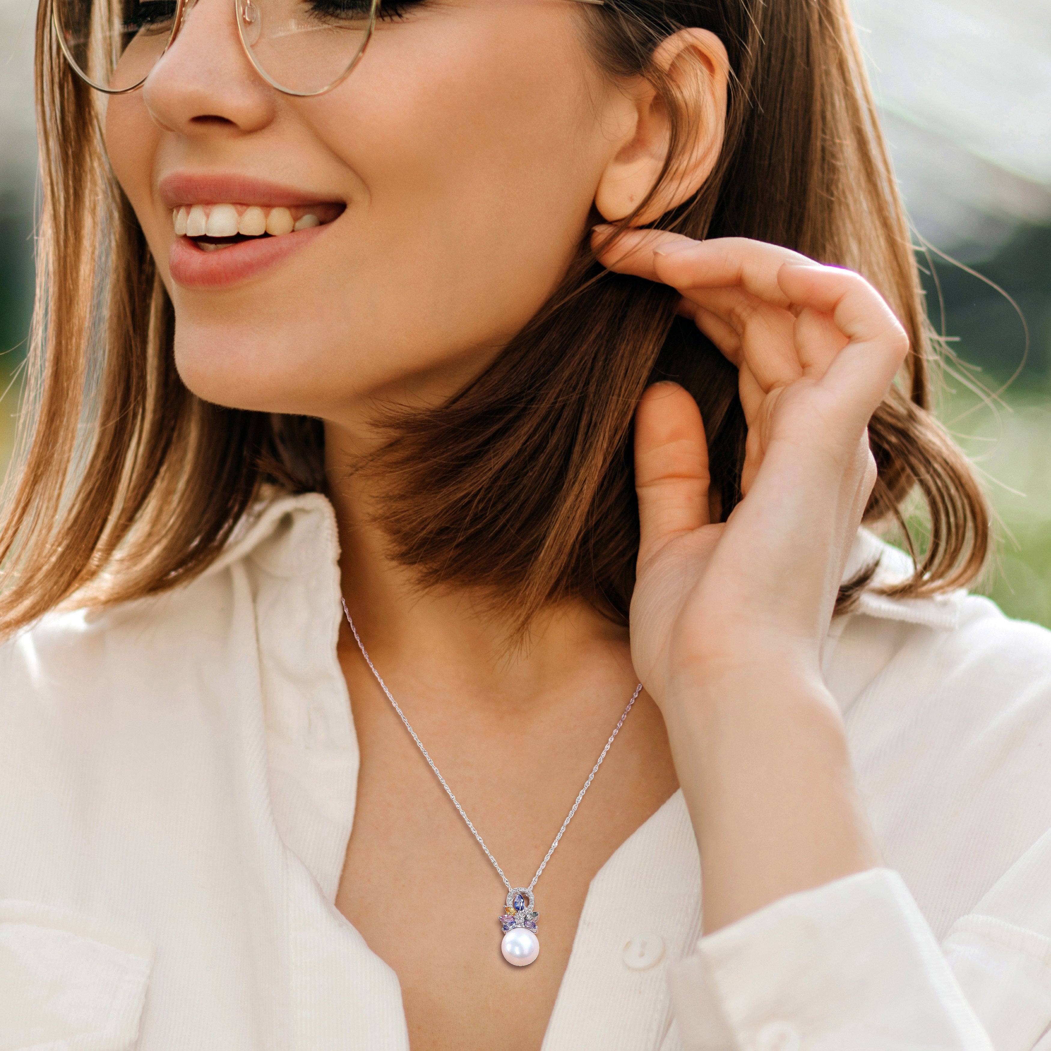 Miadora Diamond Accent and 4/5 CT TGW Multi Color Sapphire and Freshwater Cultured Pearl Pendant with Chain 14k White Gold