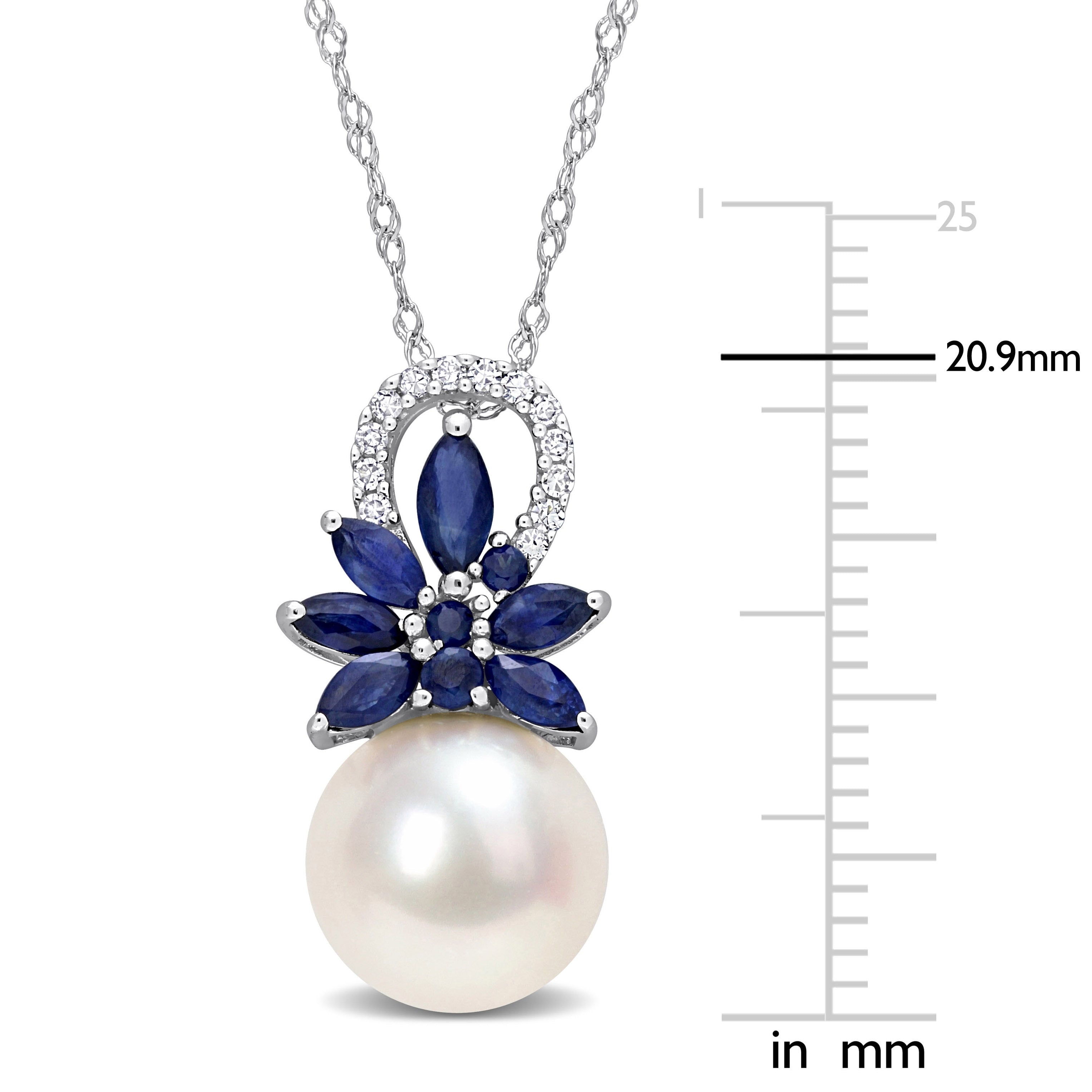 Miadora Diamond Accent and 4/5 CT TGW Sapphire and White Freshwater Cultured Pearl Pendant with Chain 14k White Gold