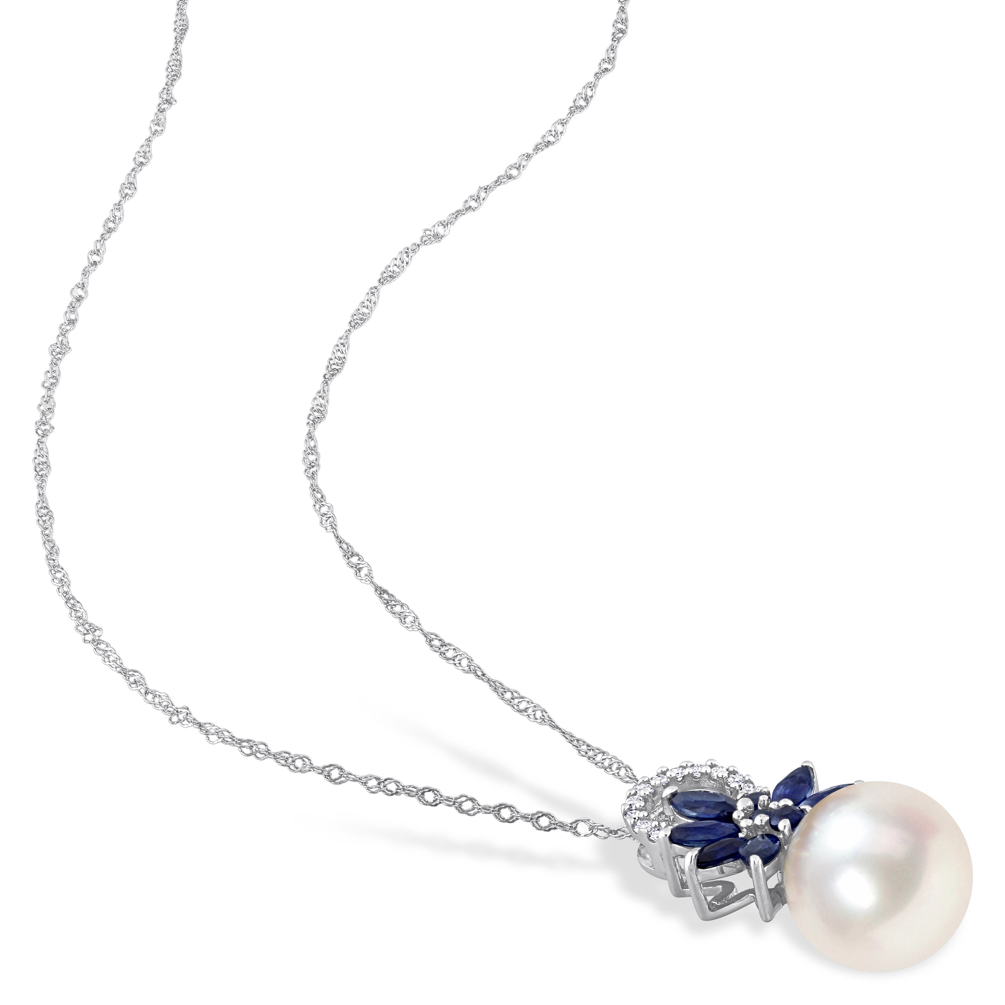 Miadora Diamond Accent and 4/5 CT TGW Sapphire and White Freshwater Cultured Pearl Pendant with Chain 14k White Gold