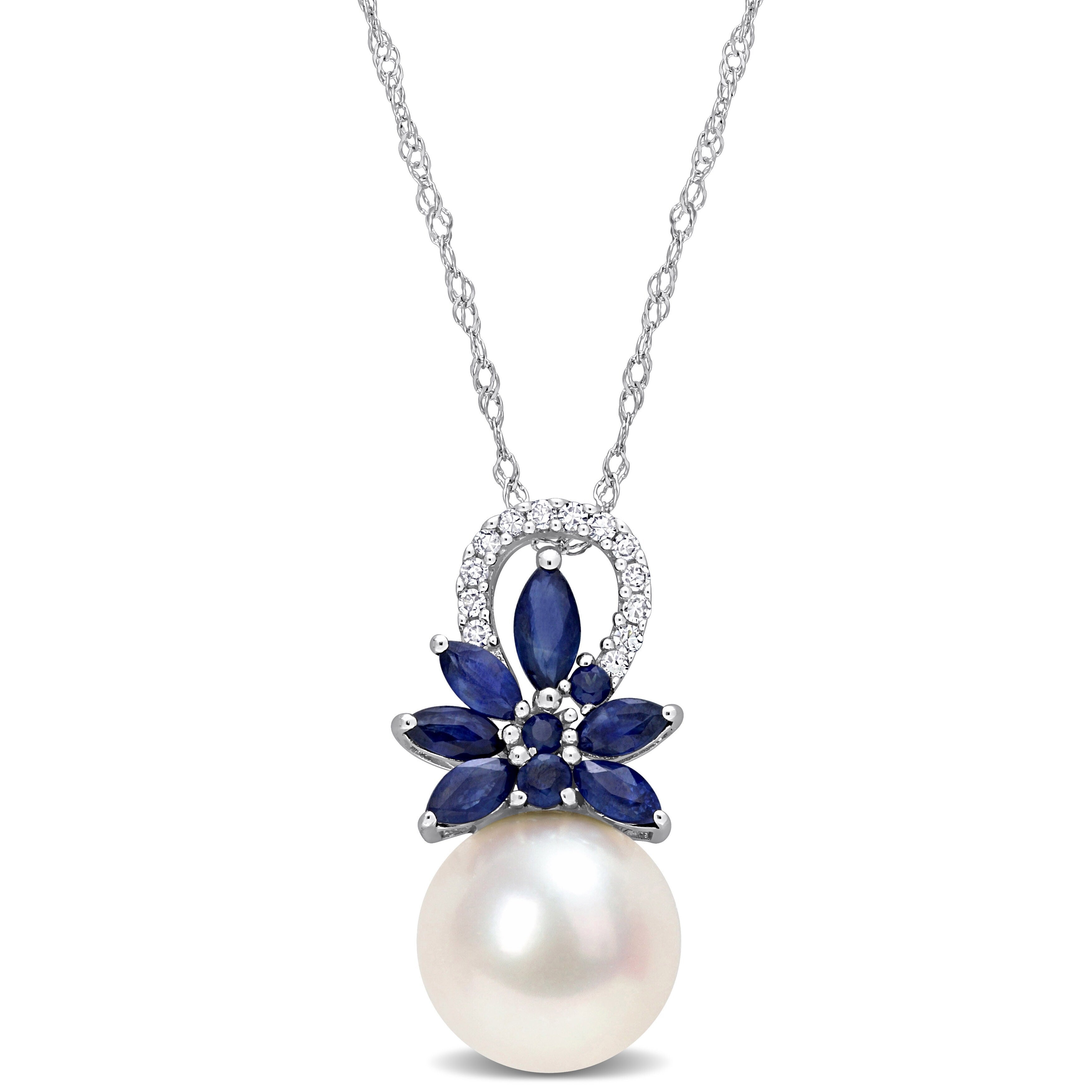 Miadora Diamond Accent and 4/5 CT TGW Sapphire and White Freshwater Cultured Pearl Pendant with Chain 14k White Gold