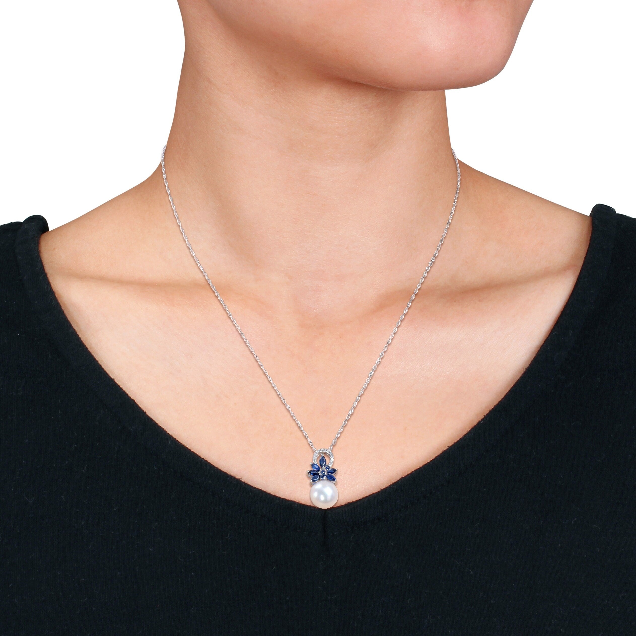 Miadora Diamond Accent and 4/5 CT TGW Sapphire and White Freshwater Cultured Pearl Pendant with Chain 14k White Gold