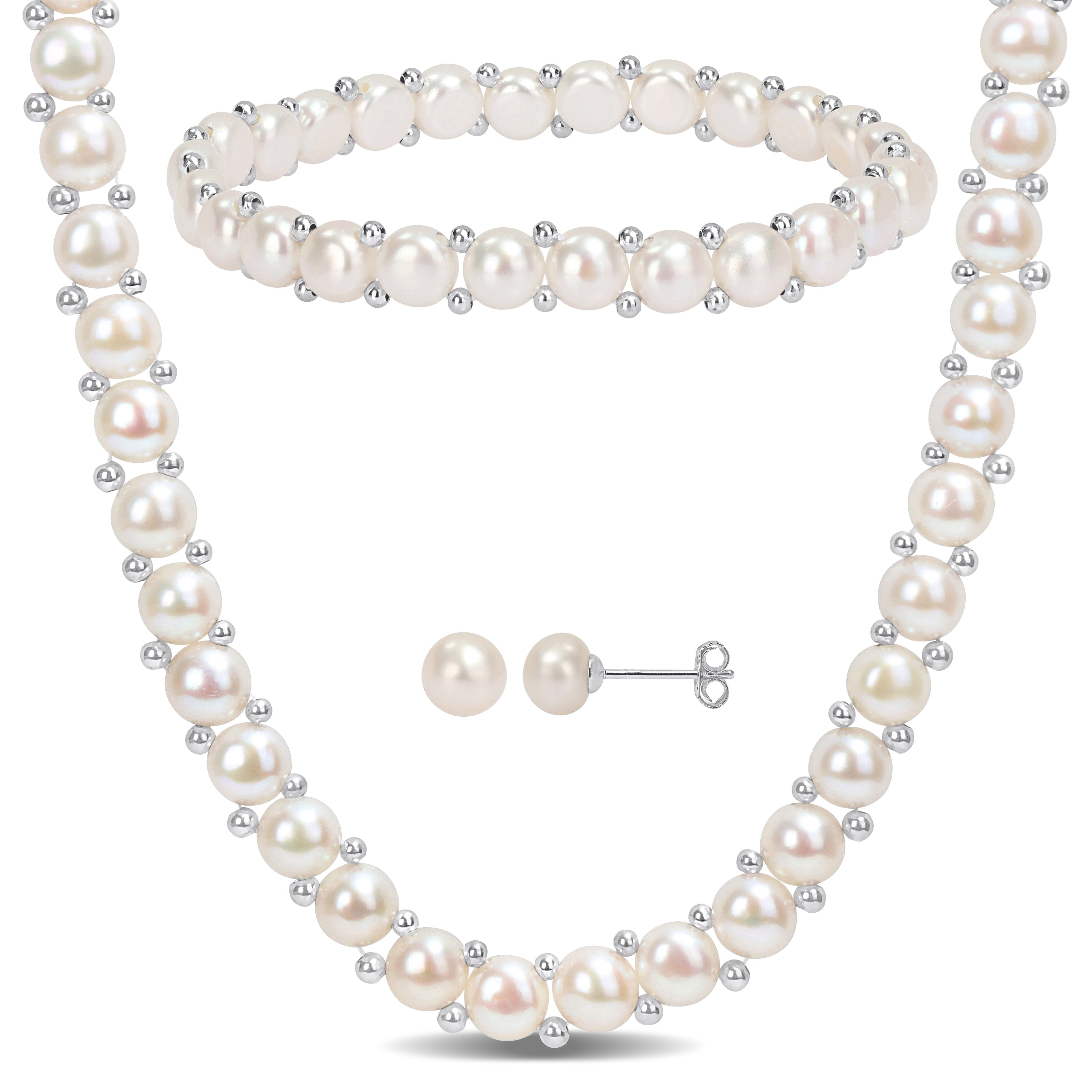 Miadora Freshwater Cultured Pearl Beaded Necklace, Earrings and Bracelet Set in Sterling Silver