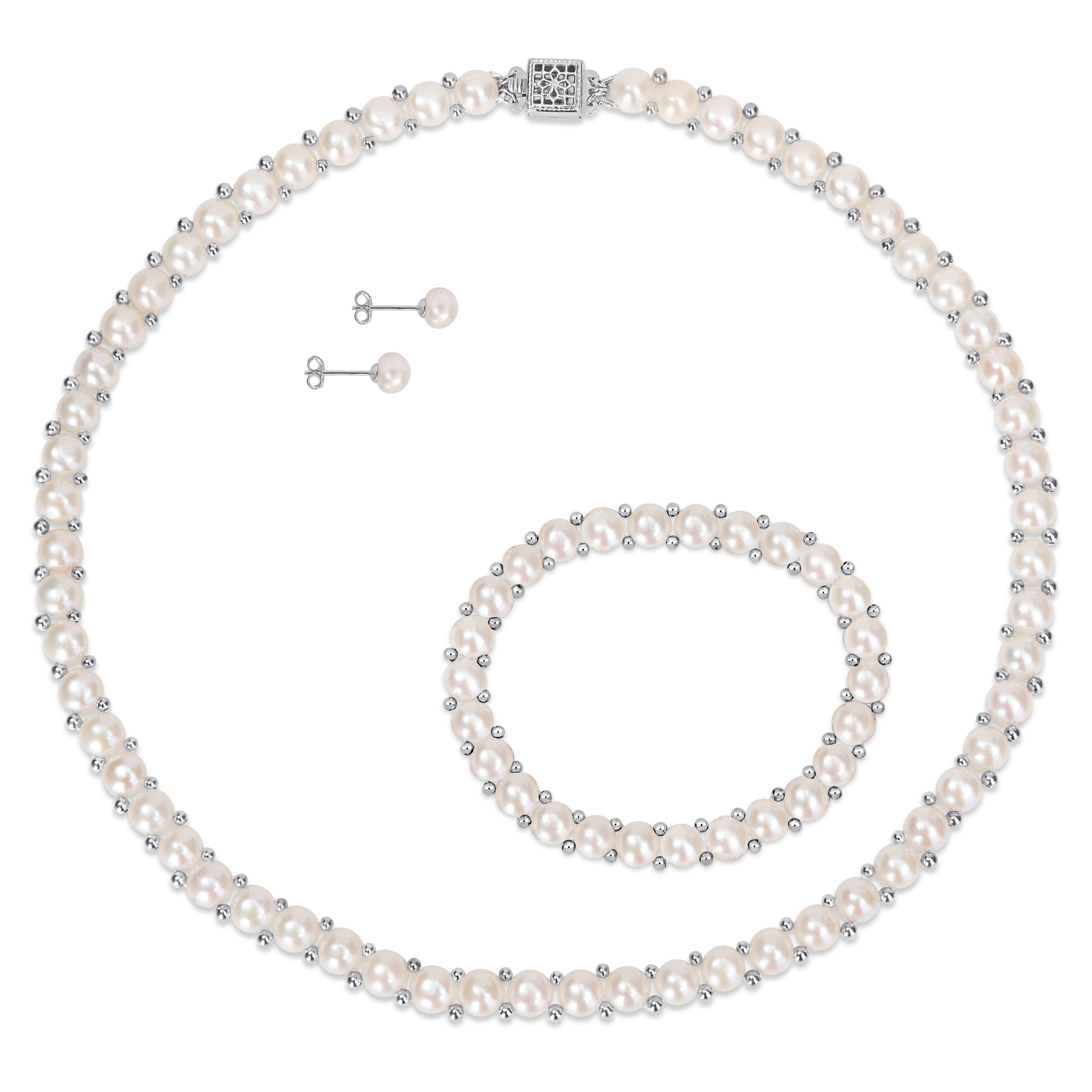Miadora Freshwater Cultured Pearl Beaded Necklace, Earrings and Bracelet Set in Sterling Silver