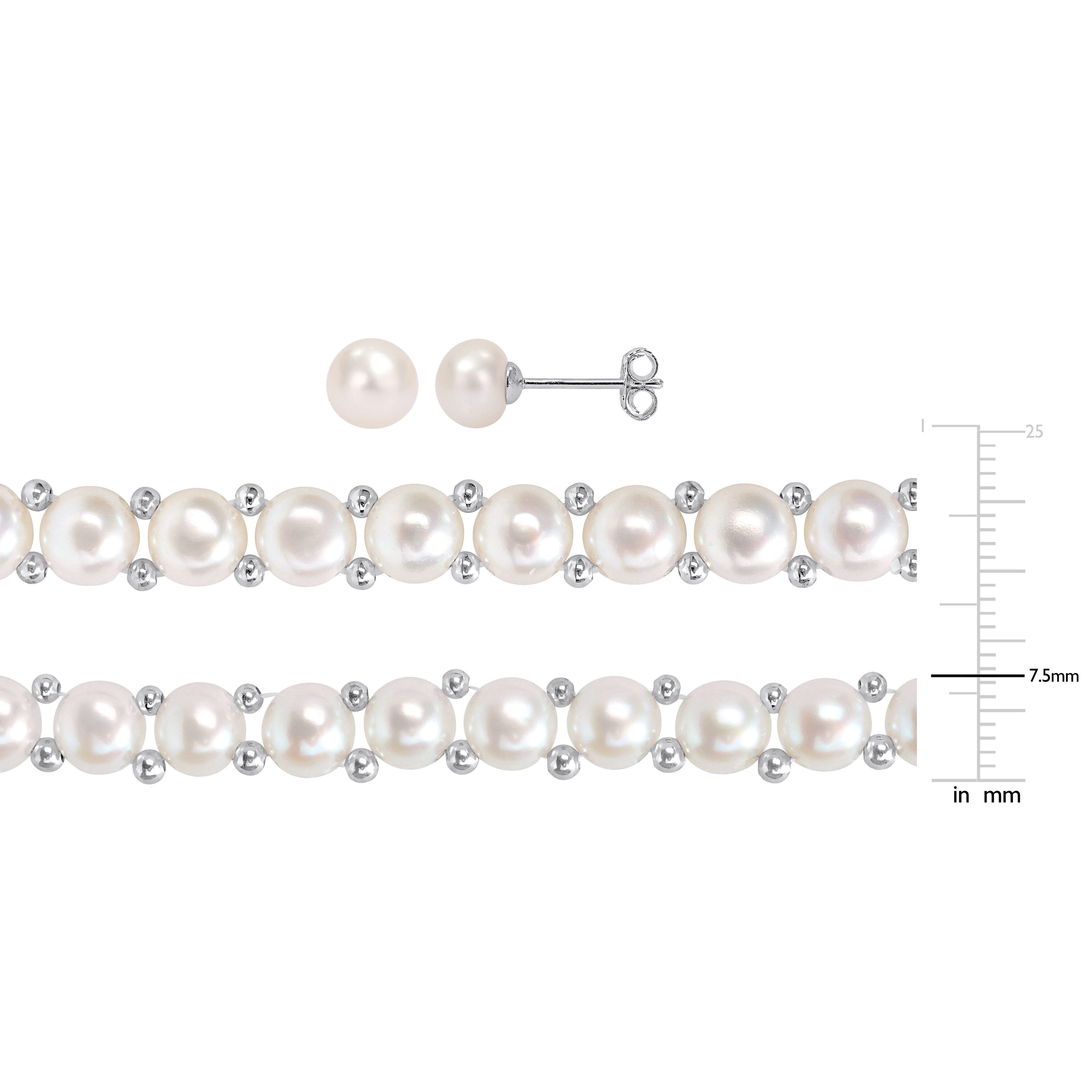 Miadora Freshwater Cultured Pearl Beaded Necklace, Earrings and Bracelet Set in Sterling Silver