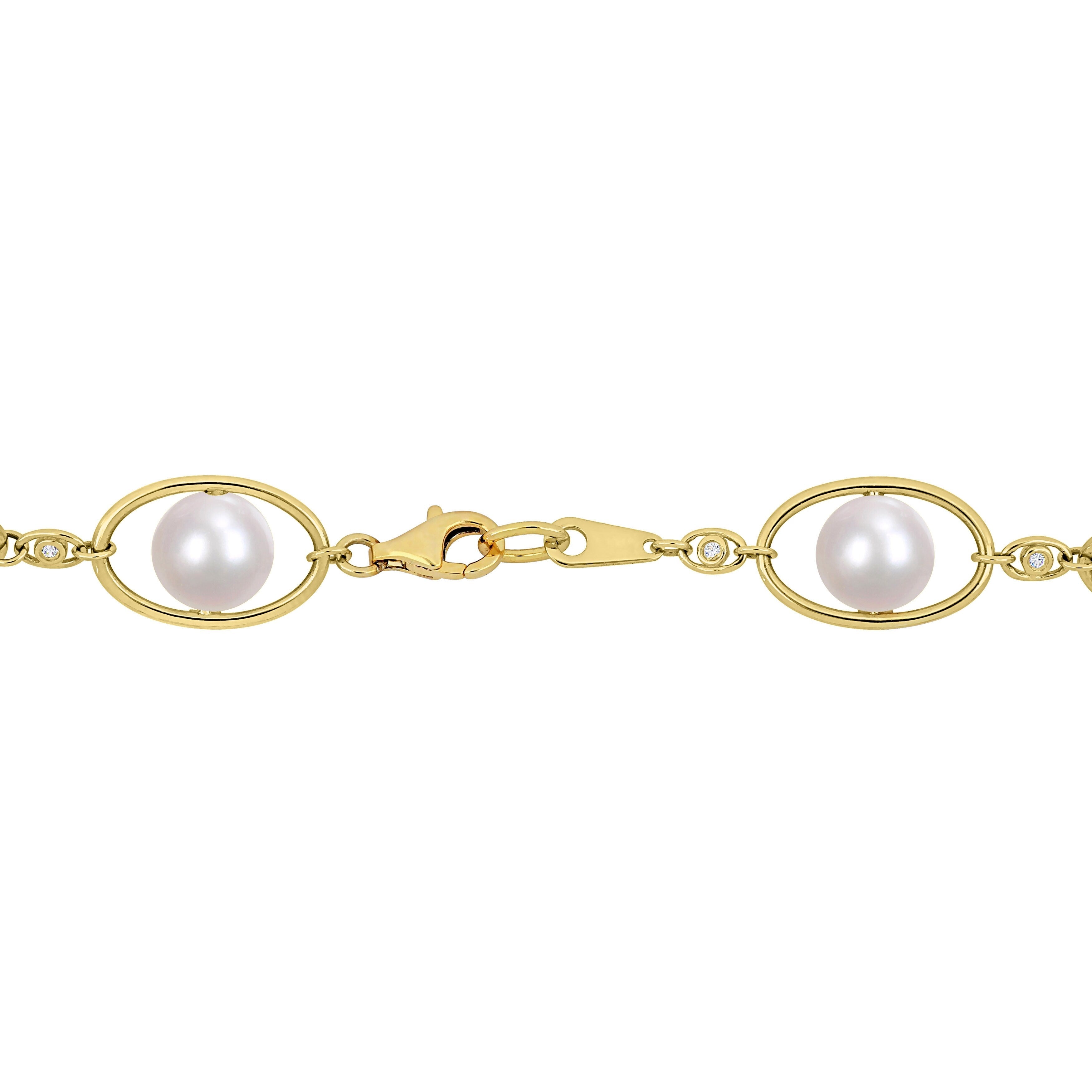 Miadora Freshwater Cultured Pearl & 1/3ct TGW CZ Necklace in Yellow Plated Sterling Silver (8-8.5mm)