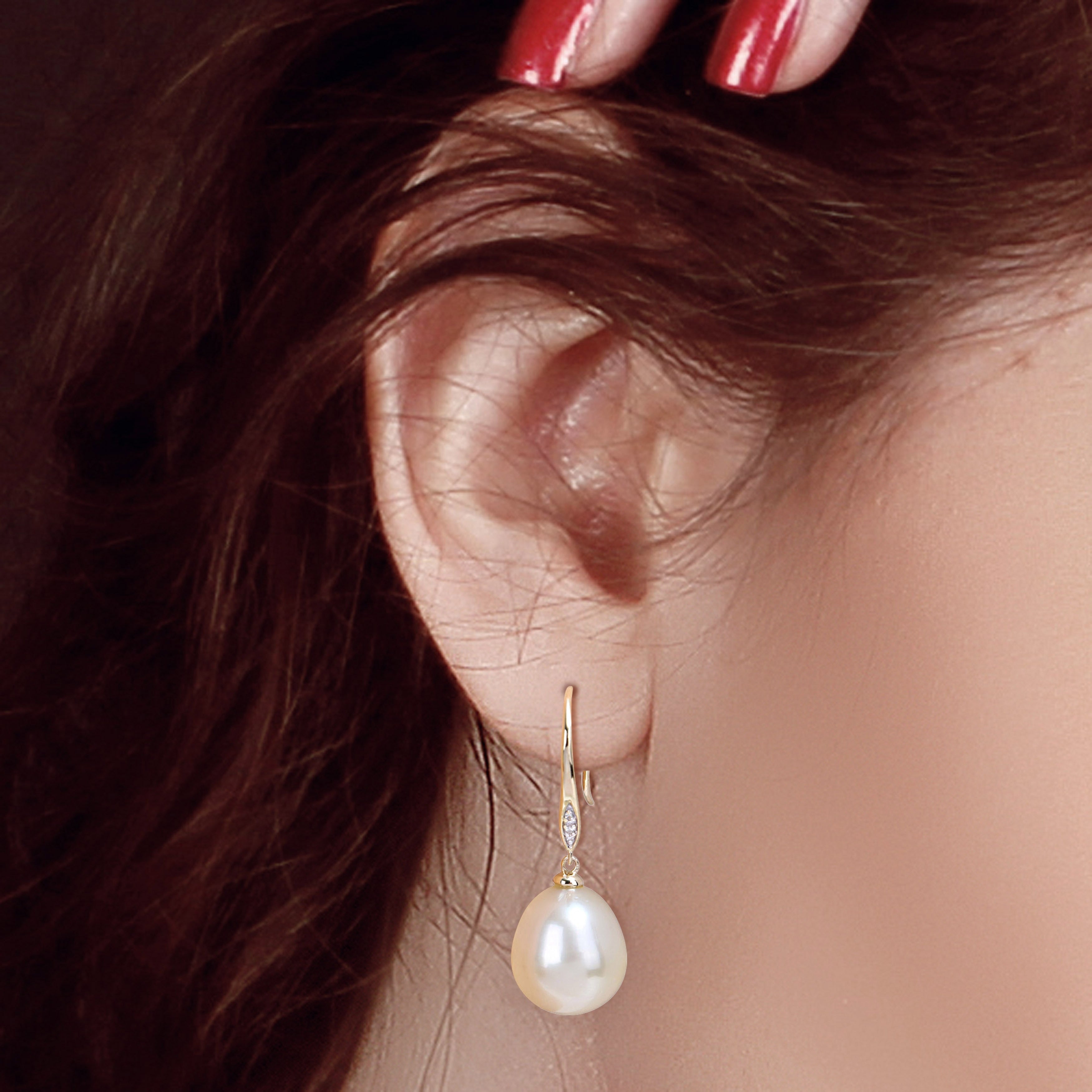 Miadora Golden South Sea Pearl & Diamond Accent Hook Earrings in 10k Yellow Gold (12-12.5mm)