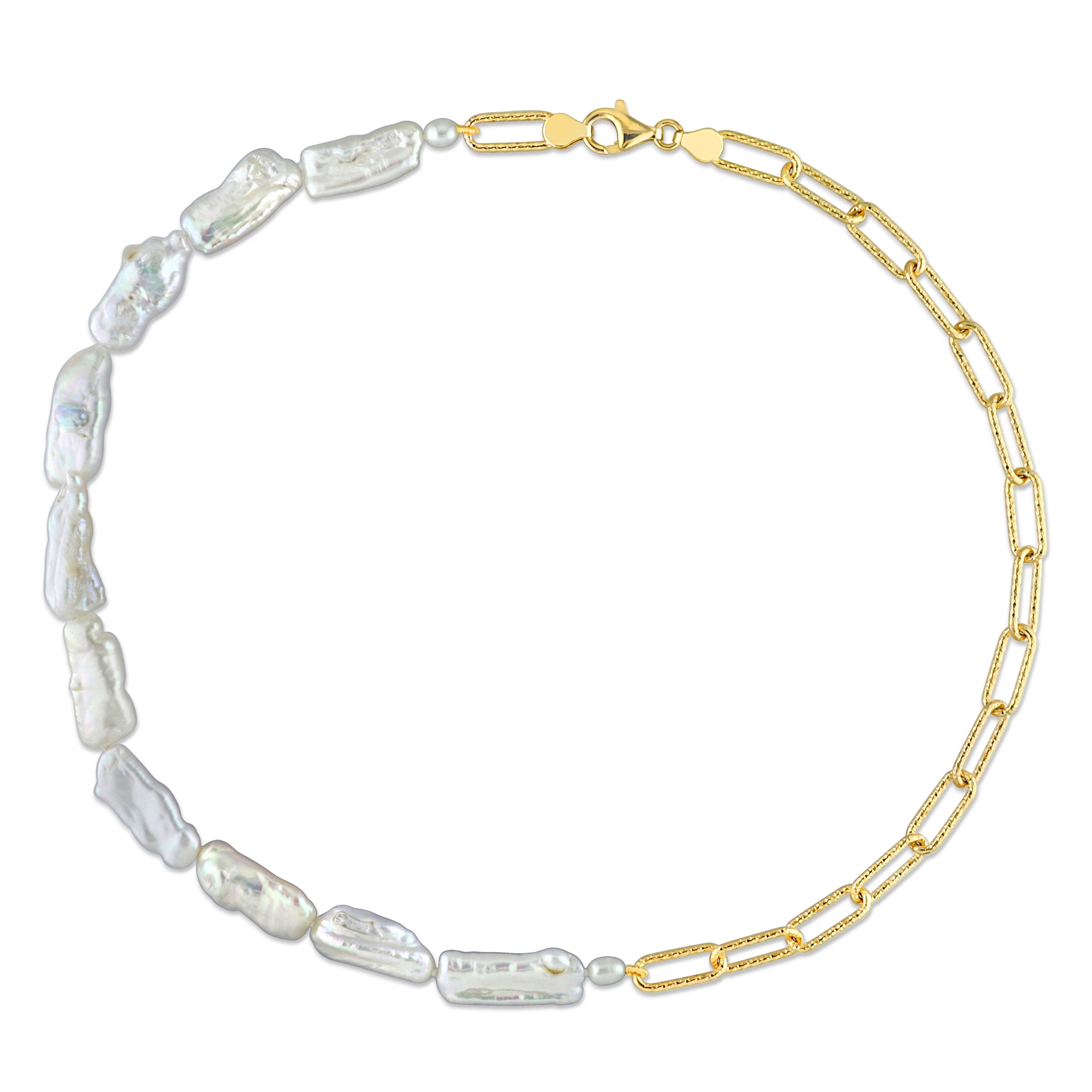 Miadora Freshwater Keshi Pearl Half & Half Link Necklace in 18k Yellow Gold Plated Sterling Silver