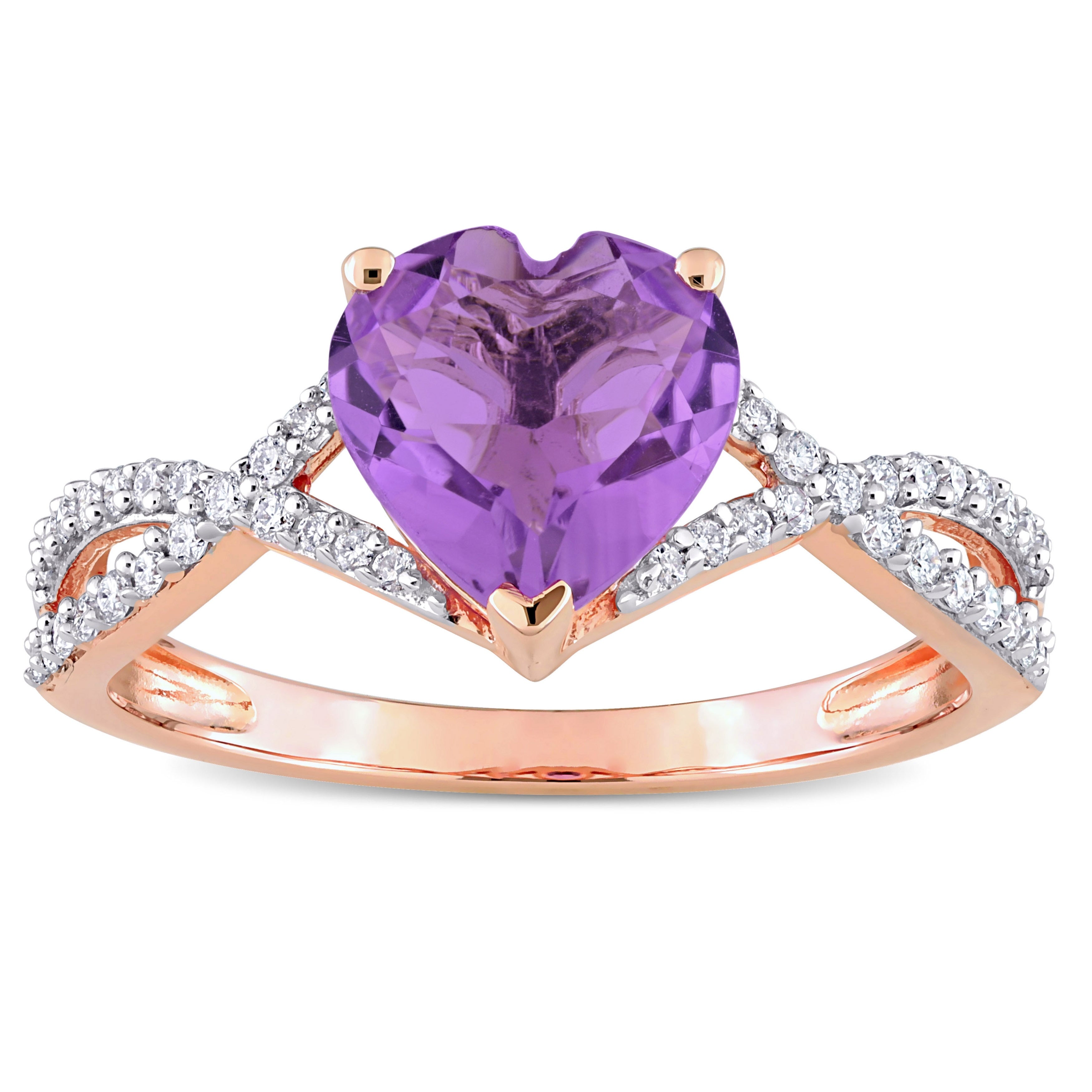 Miadora Heart-Cut Amethyst and 1/5ct TDW Diamond Crossover Ring in 14k Rose Gold