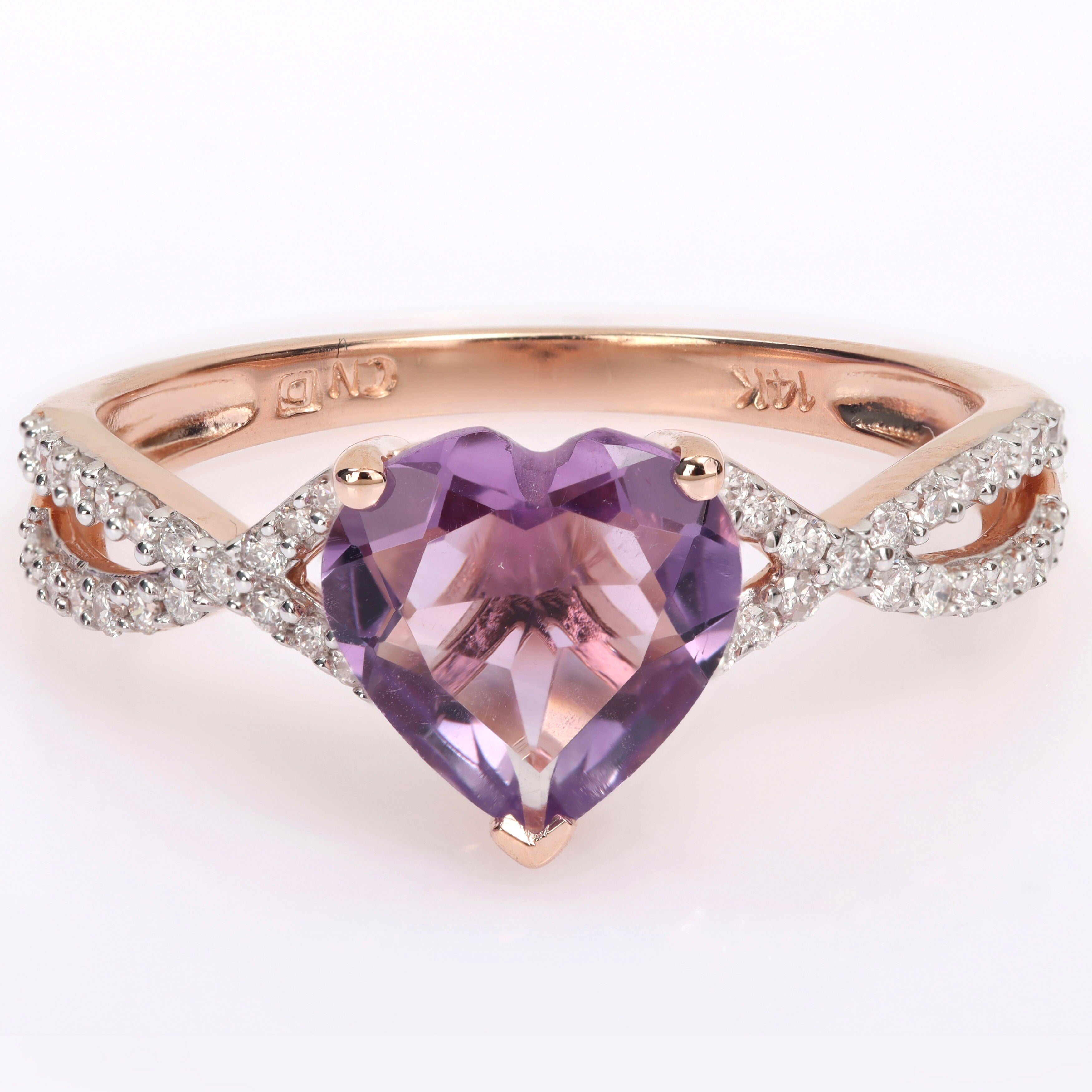 Miadora Heart-Cut Amethyst and 1/5ct TDW Diamond Crossover Ring in 14k Rose Gold