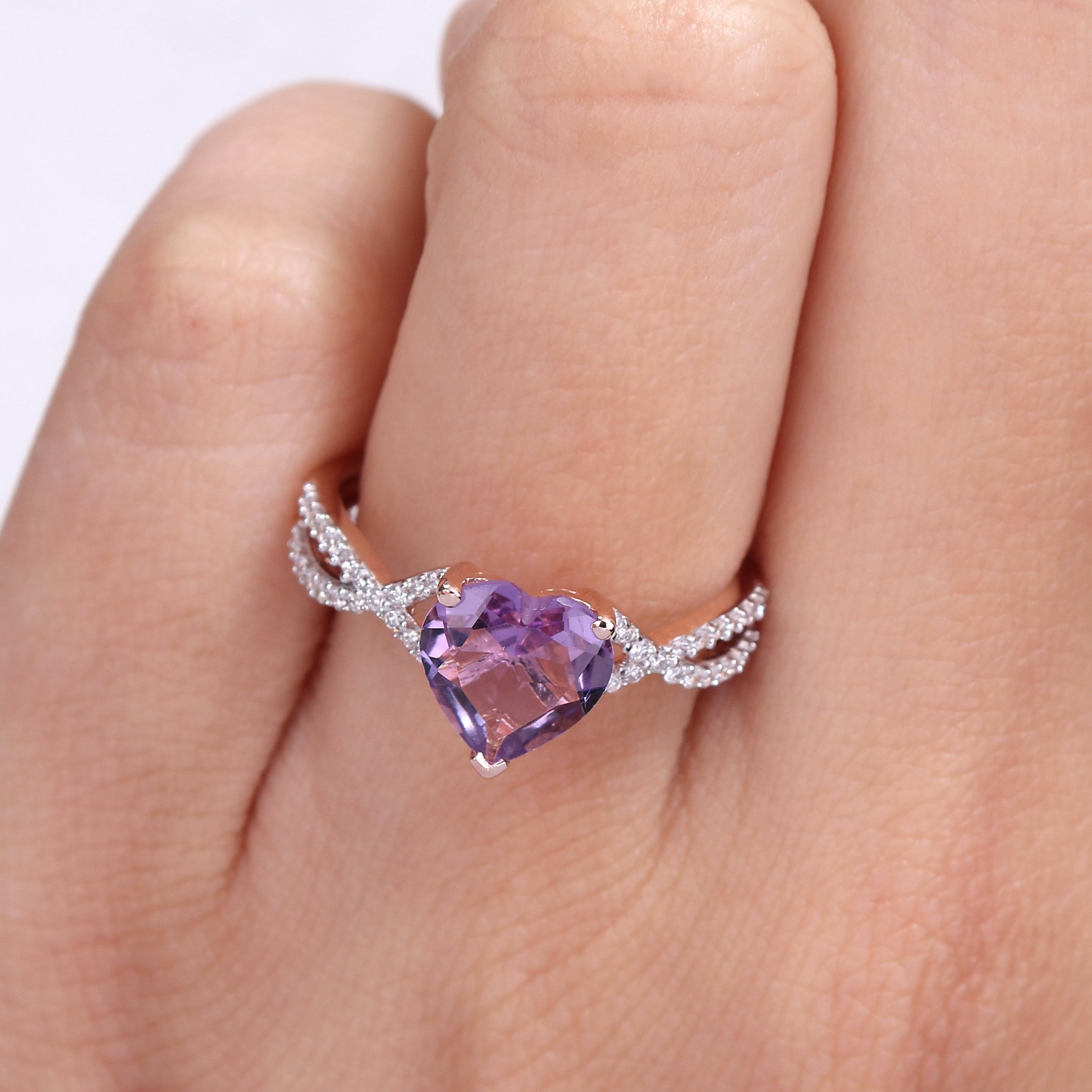 Miadora Heart-Cut Amethyst and 1/5ct TDW Diamond Crossover Ring in 14k Rose Gold