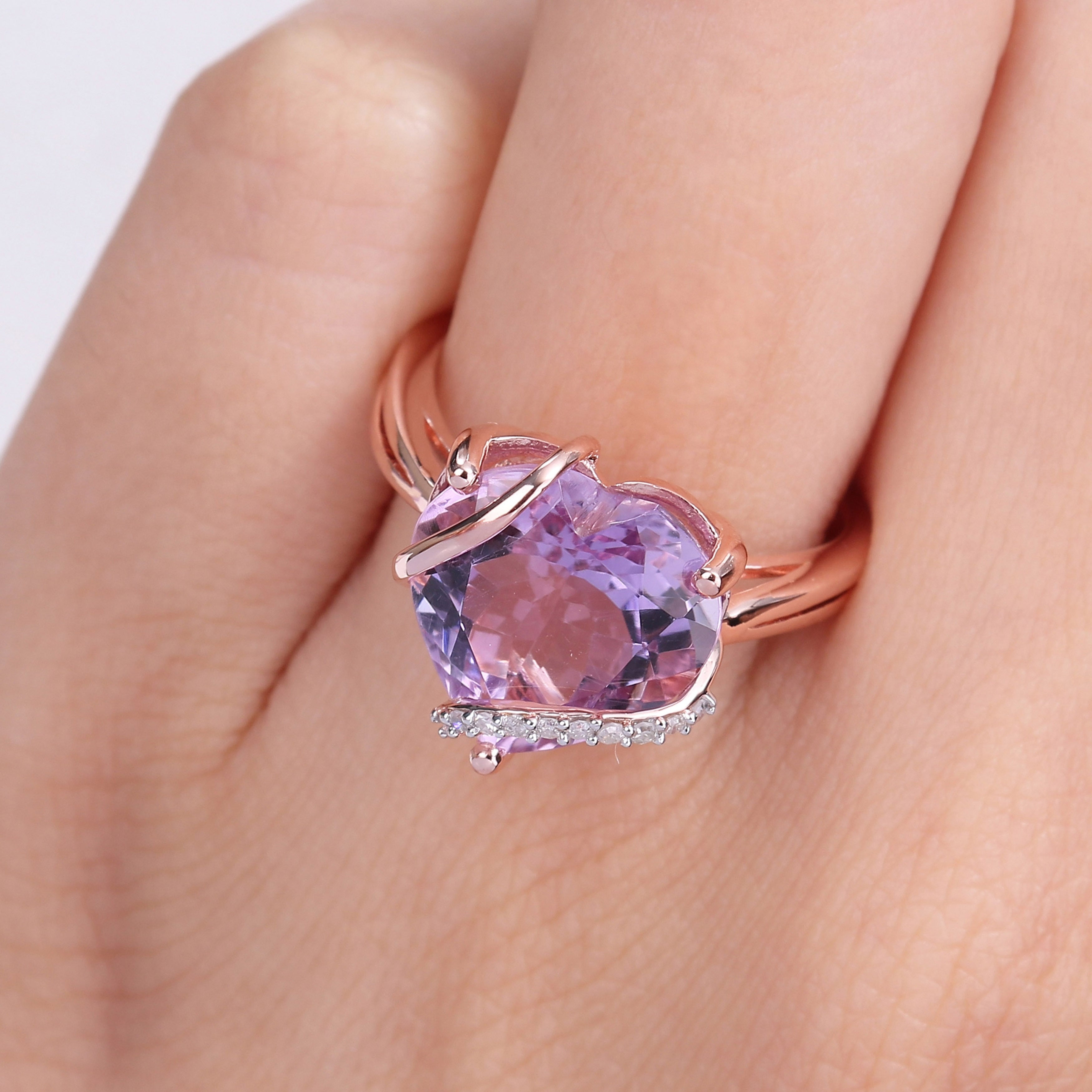 Miadora Heart-cut Amethyst and Diamond Accent Swirl Cocktail Split Shank Ring in Rose Plated Sterling Silver