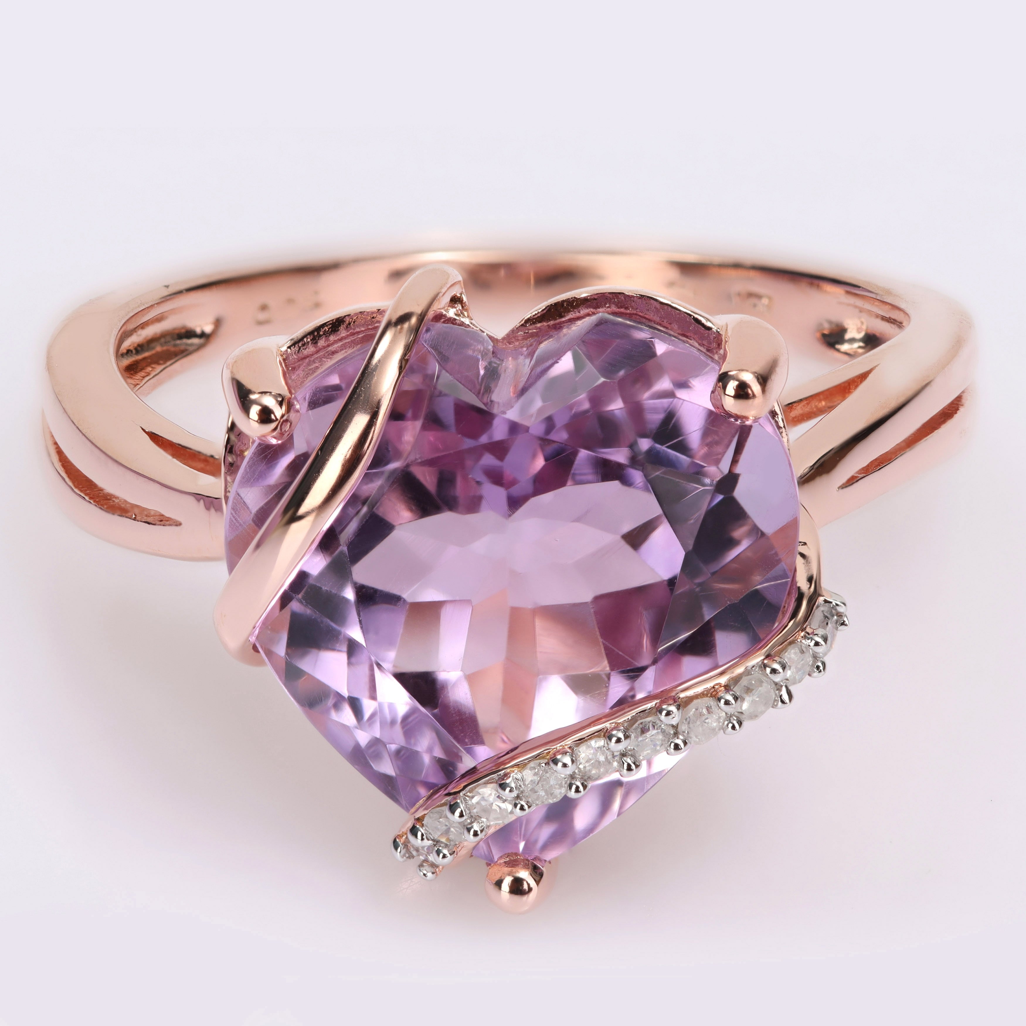 Miadora Heart-cut Amethyst and Diamond Accent Swirl Cocktail Split Shank Ring in Rose Plated Sterling Silver