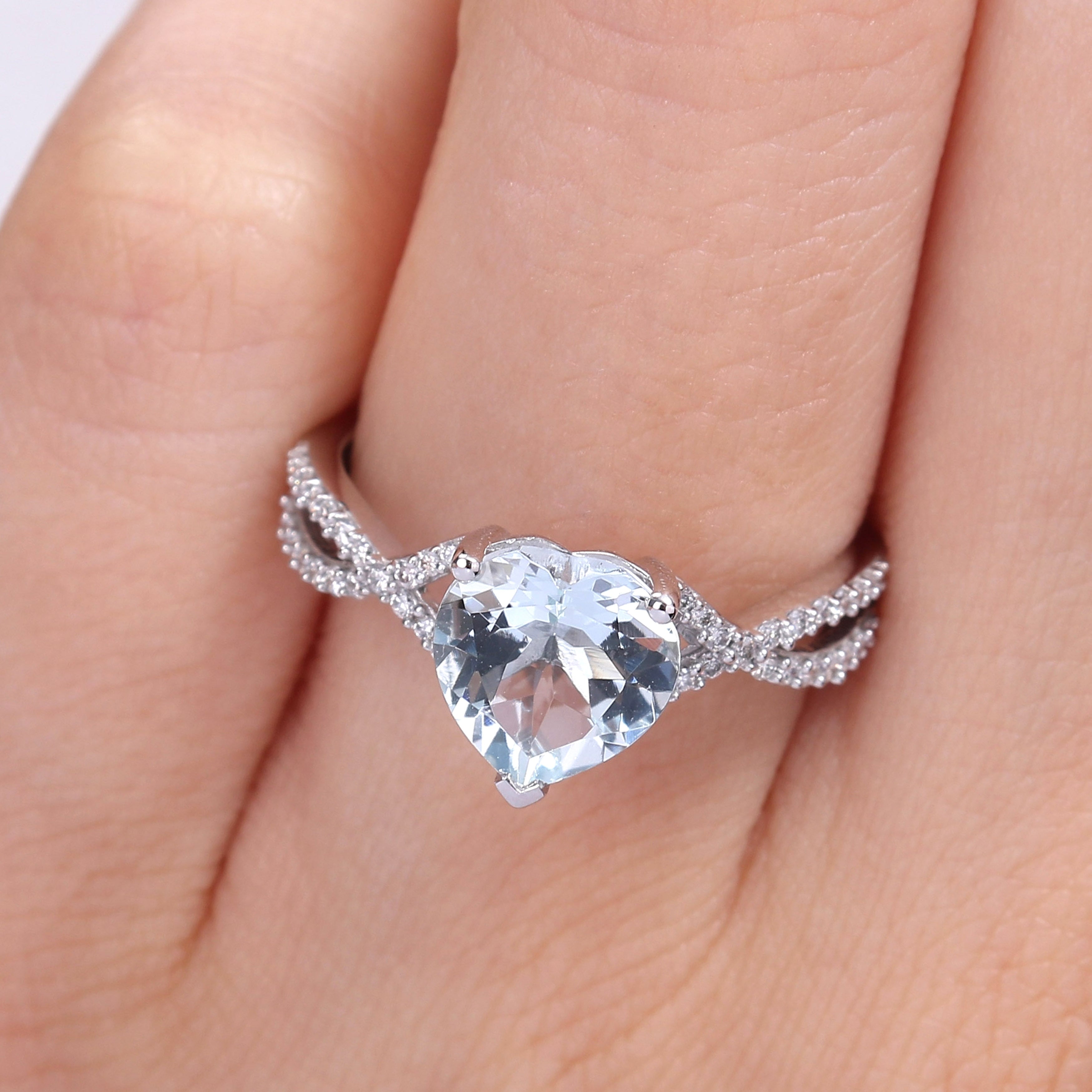 Miadora Heart-cut Aquamarine and 1/5ct TDW Diamond Crossover Ring in 14k White Gold