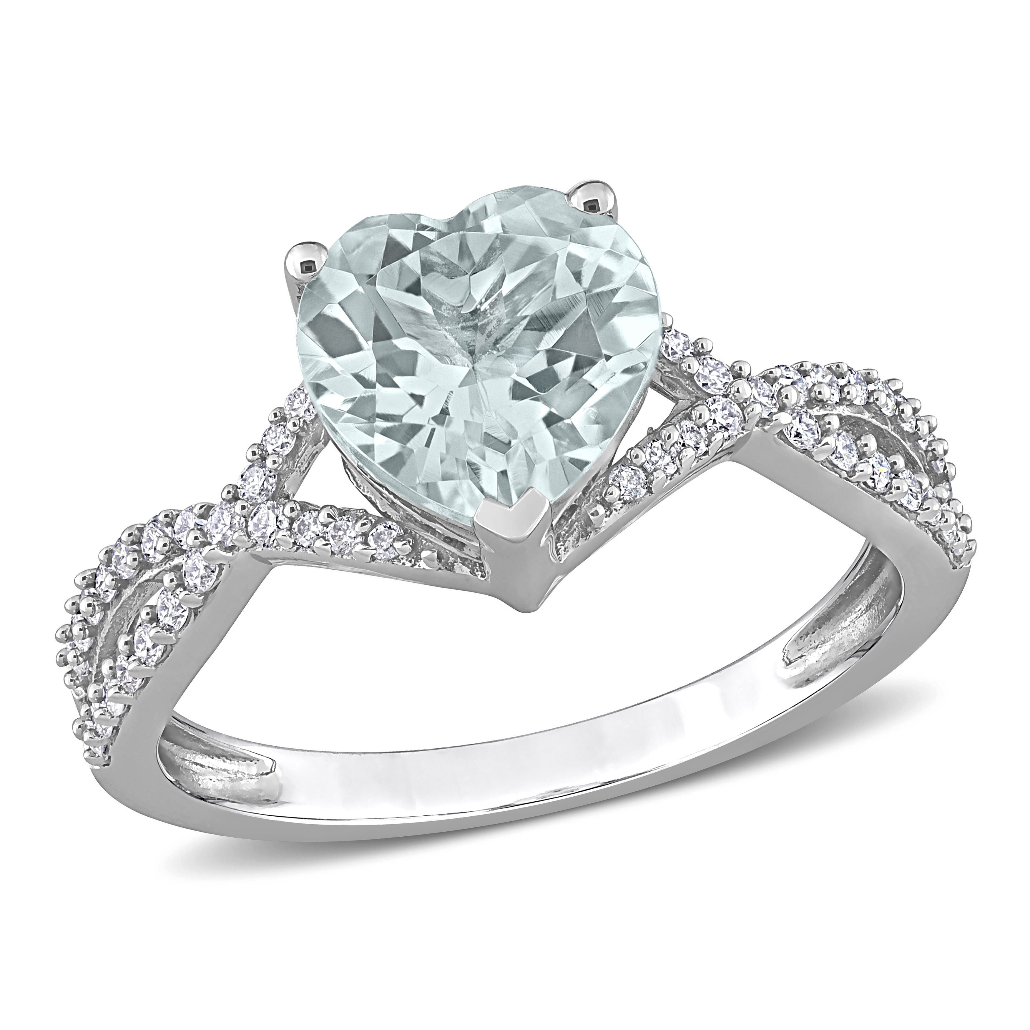 Miadora Heart-cut Aquamarine and 1/5ct TDW Diamond Crossover Ring in 14k White Gold