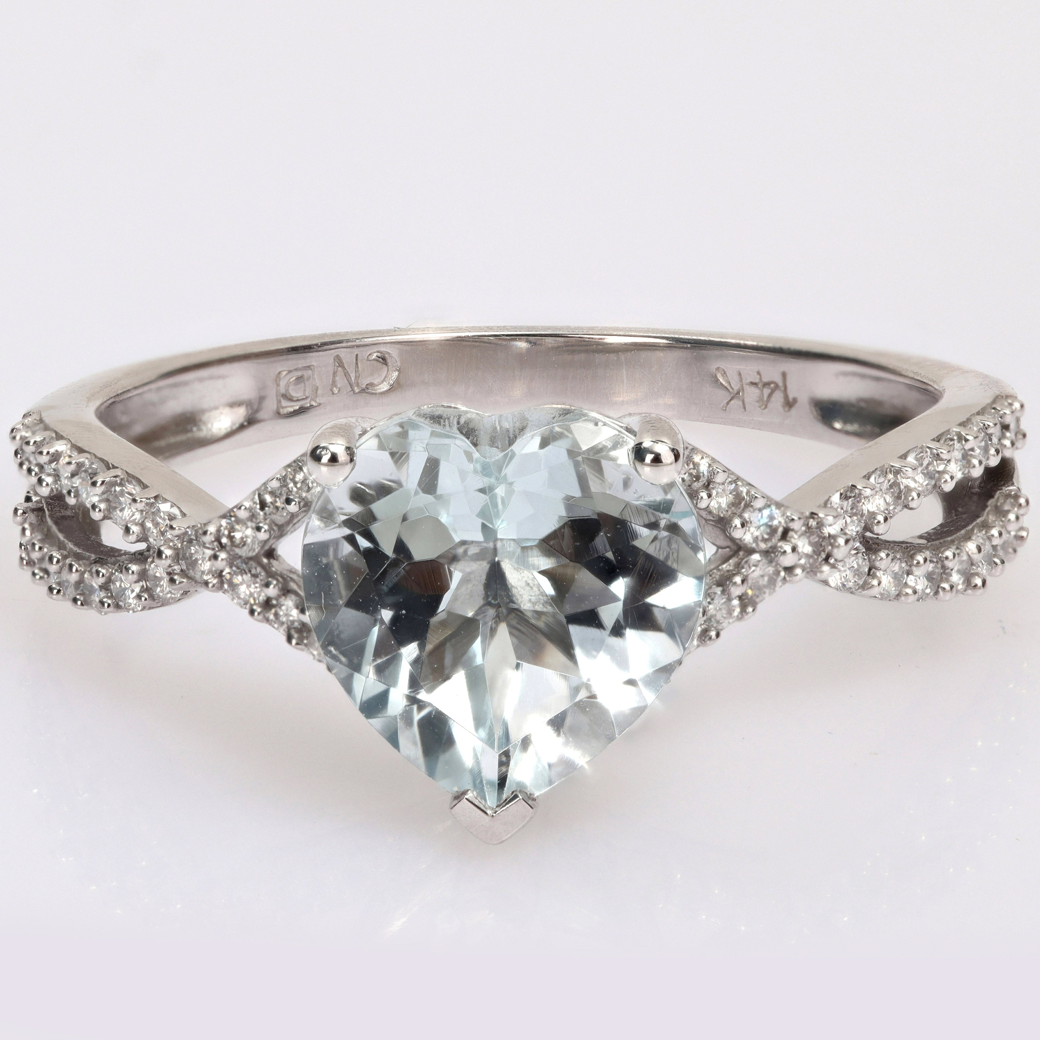 Miadora Heart-cut Aquamarine and 1/5ct TDW Diamond Crossover Ring in 14k White Gold