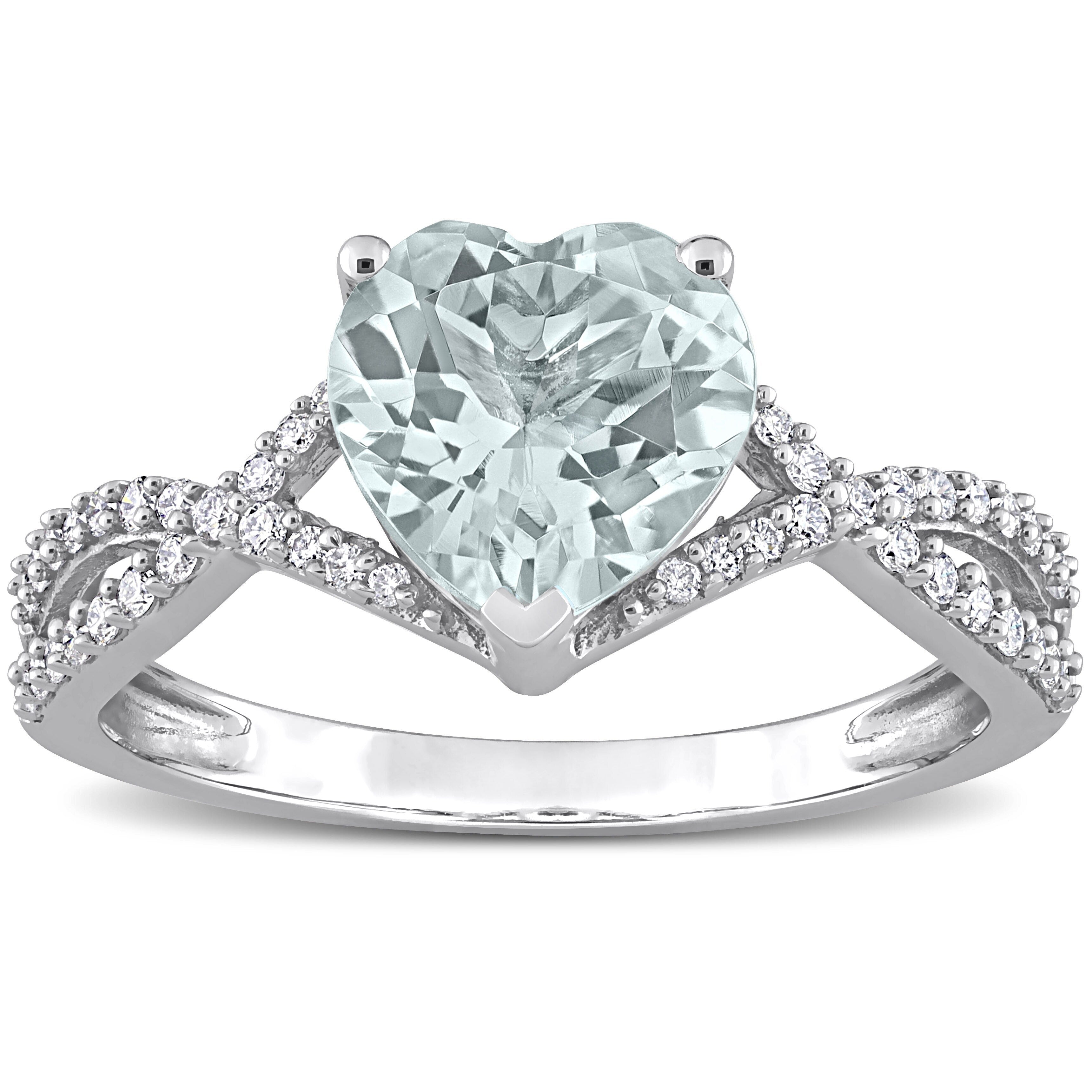 Miadora Heart-cut Aquamarine and 1/5ct TDW Diamond Crossover Ring in 14k White Gold