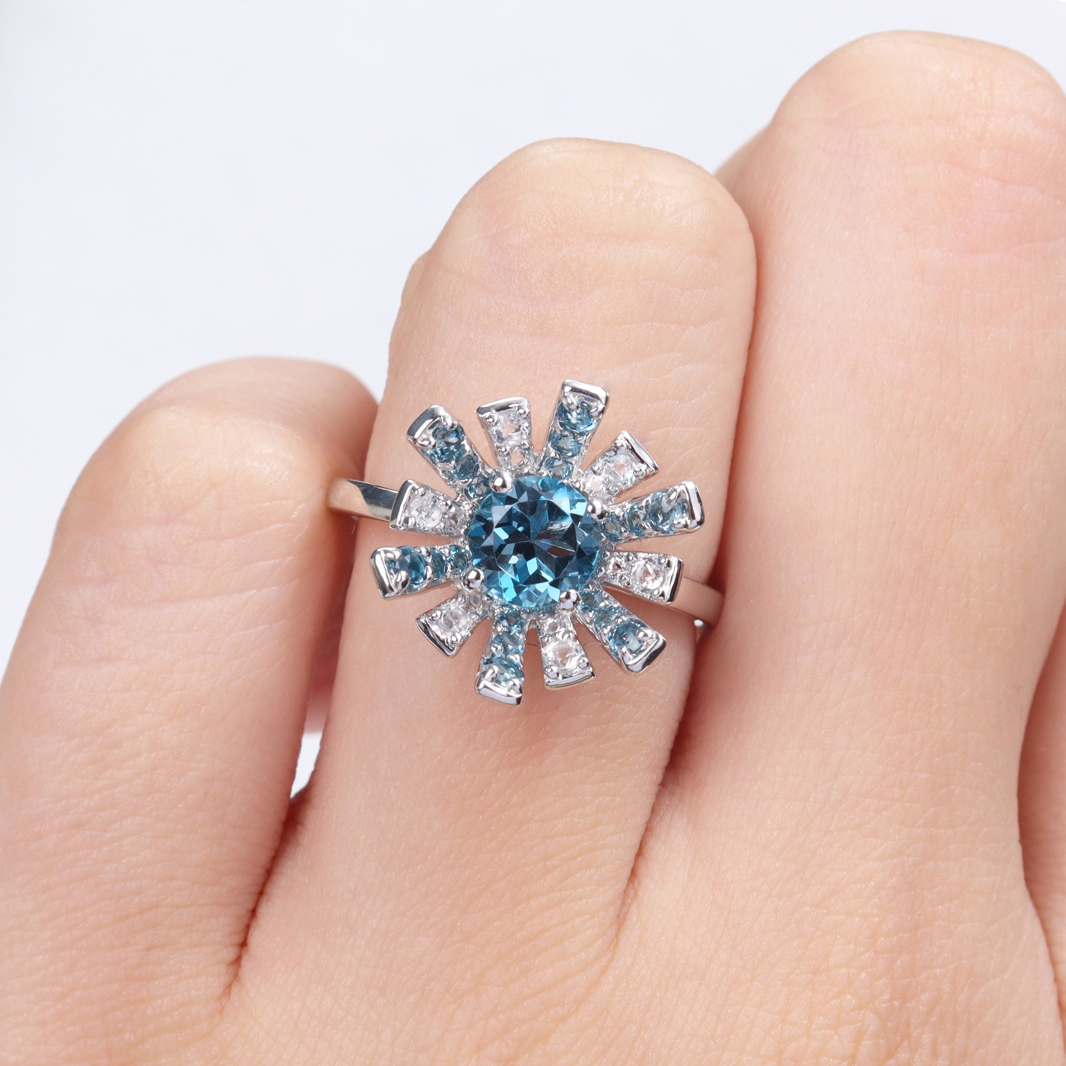 Miadora London Blue Topaz and White Topaz Floral Cluster Ring in Sterling Silver