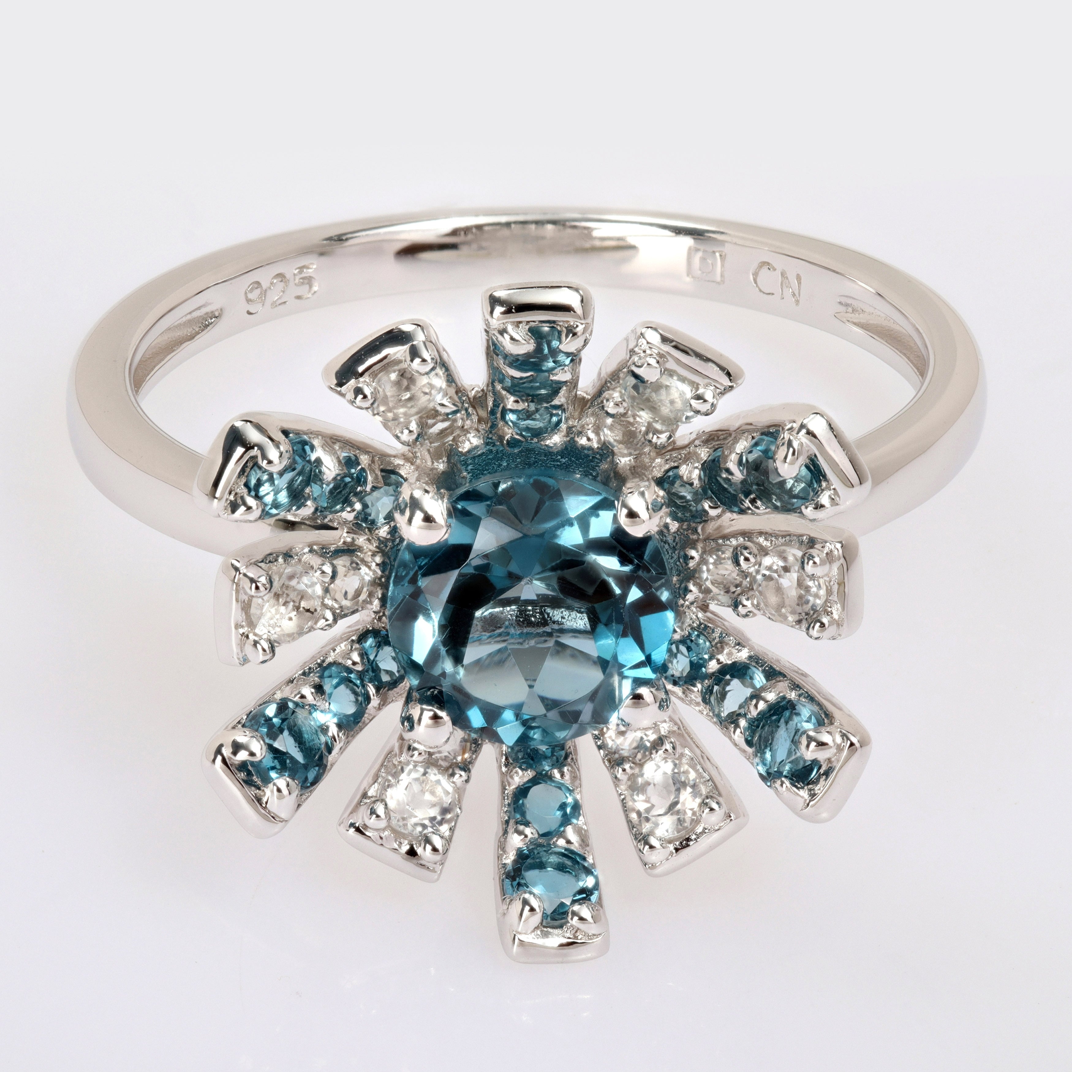 Miadora London Blue Topaz and White Topaz Floral Cluster Ring in Sterling Silver