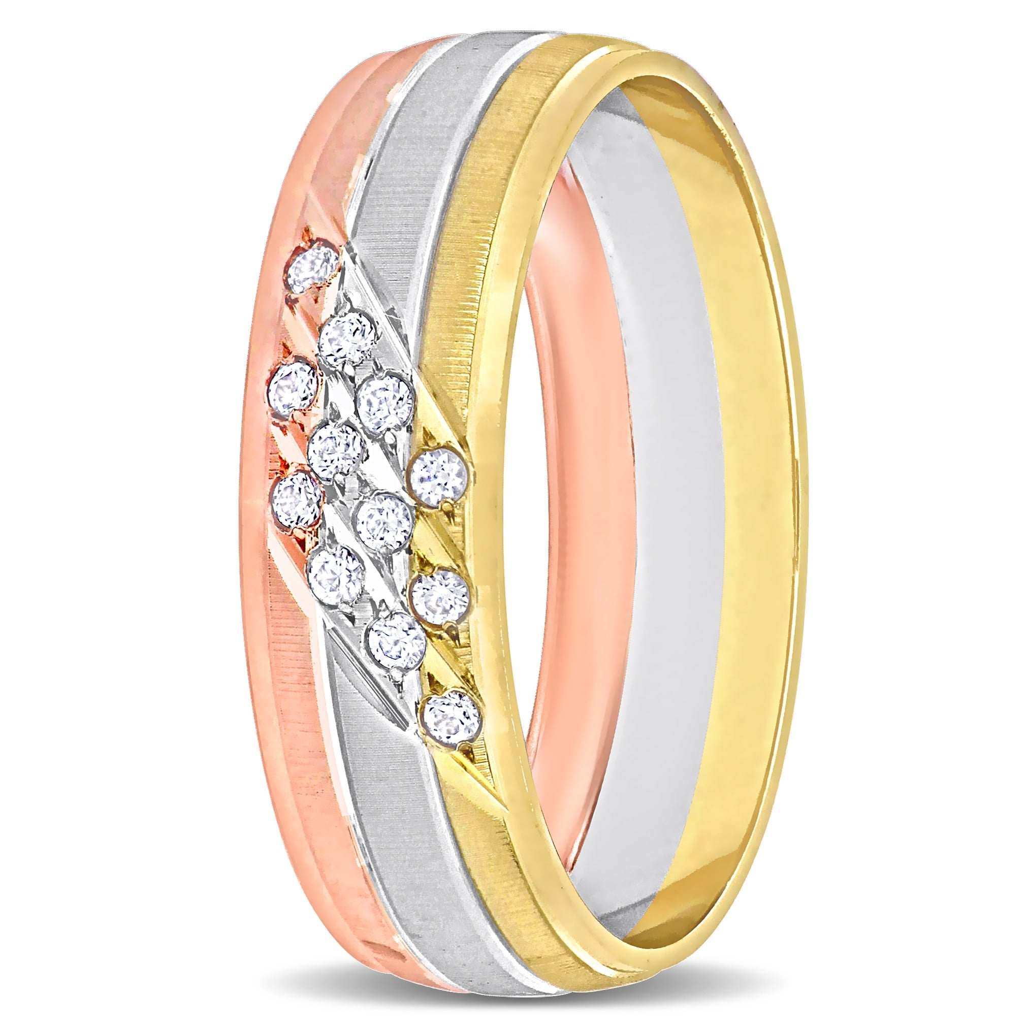 Miadora Mens 6 mm Cubic Zirconia Matte Three Row Wedding Band in 14k 3-Tone Gold