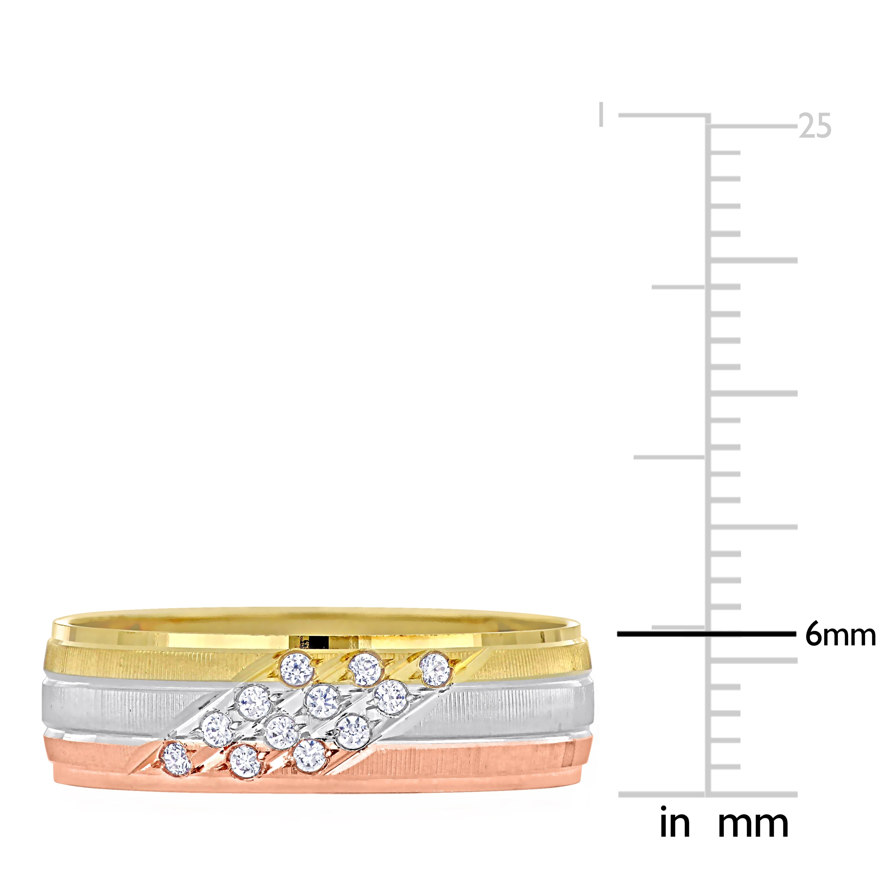 Miadora Mens 6 mm Cubic Zirconia Matte Three Row Wedding Band in 14k 3-Tone Gold