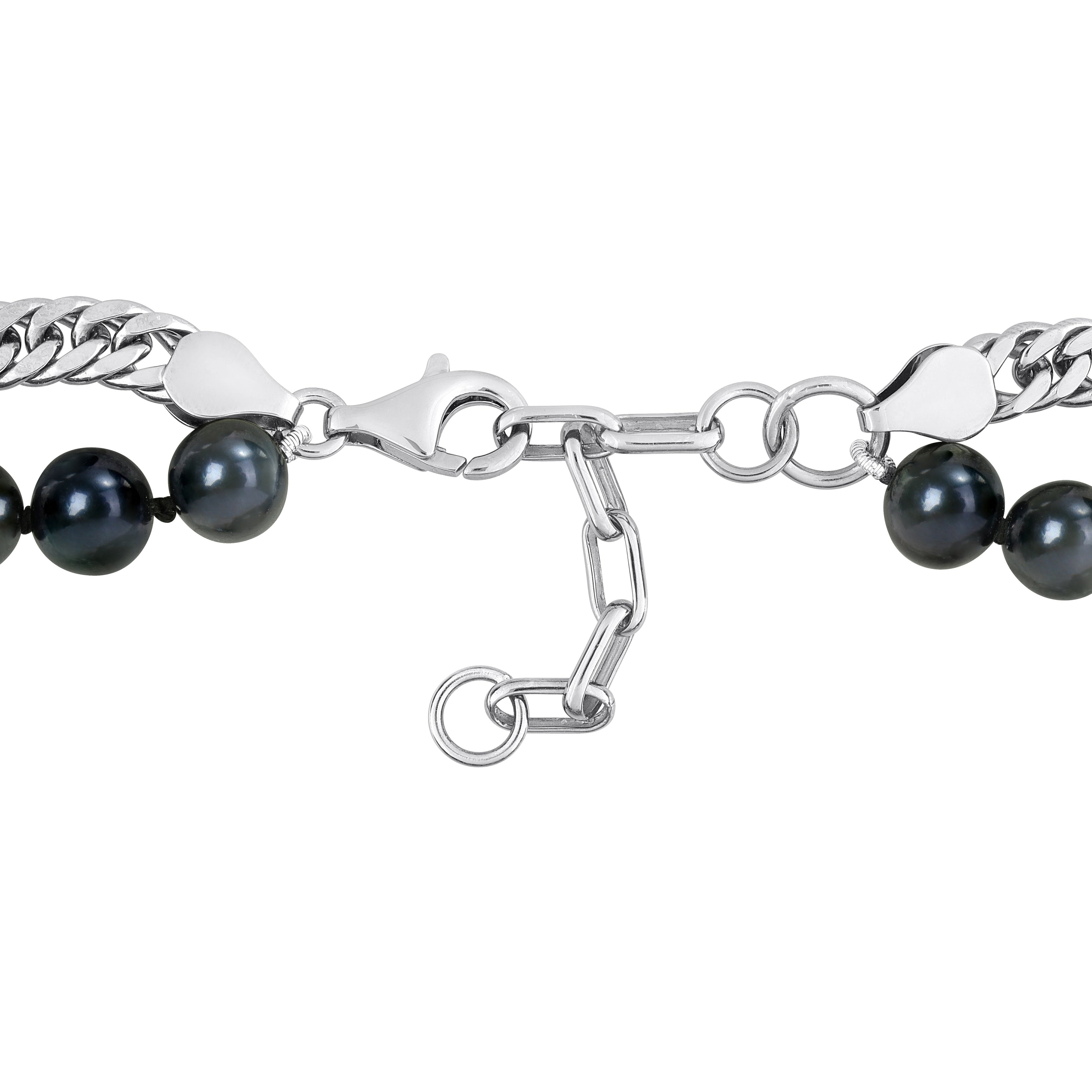 Miadora Mens 7.5-8mm Cultured Freshwater Black Pearl and Double Curb-Link Sterling Silver Necklace