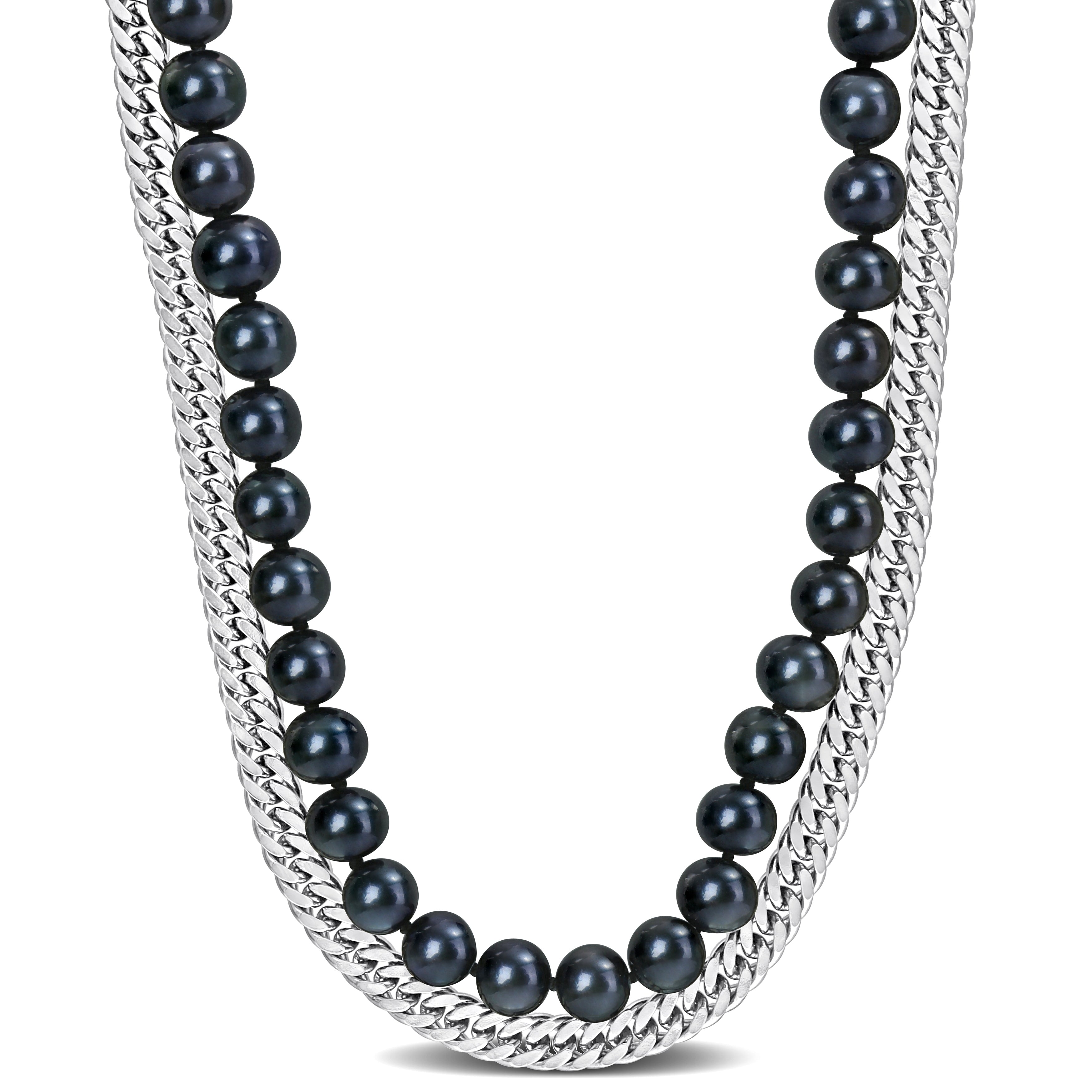 Miadora Mens 7.5-8mm Cultured Freshwater Black Pearl and Double Curb-Link Sterling Silver Necklace