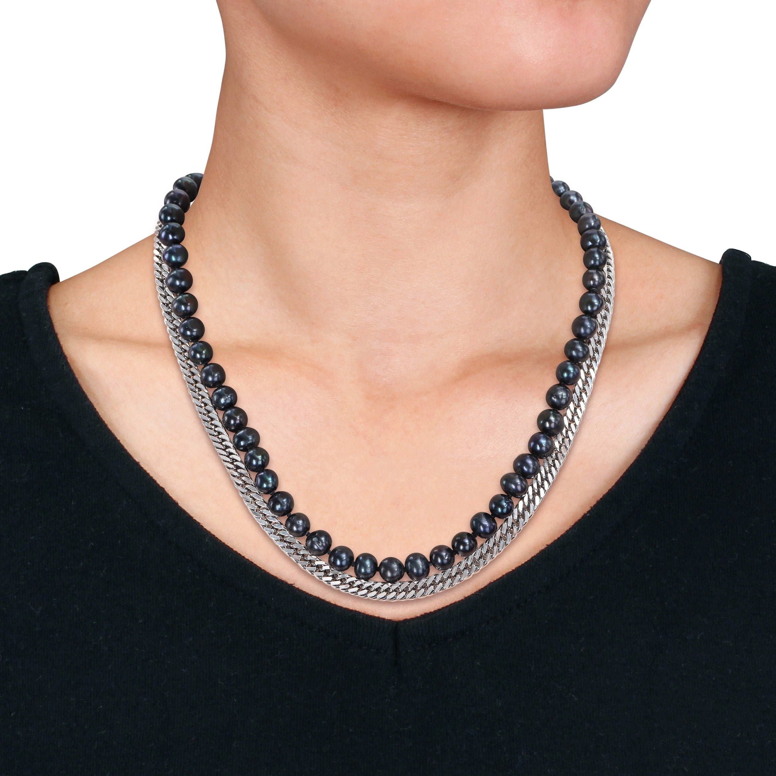Miadora Mens 7.5-8mm Cultured Freshwater Black Pearl and Double Curb-Link Sterling Silver Necklace