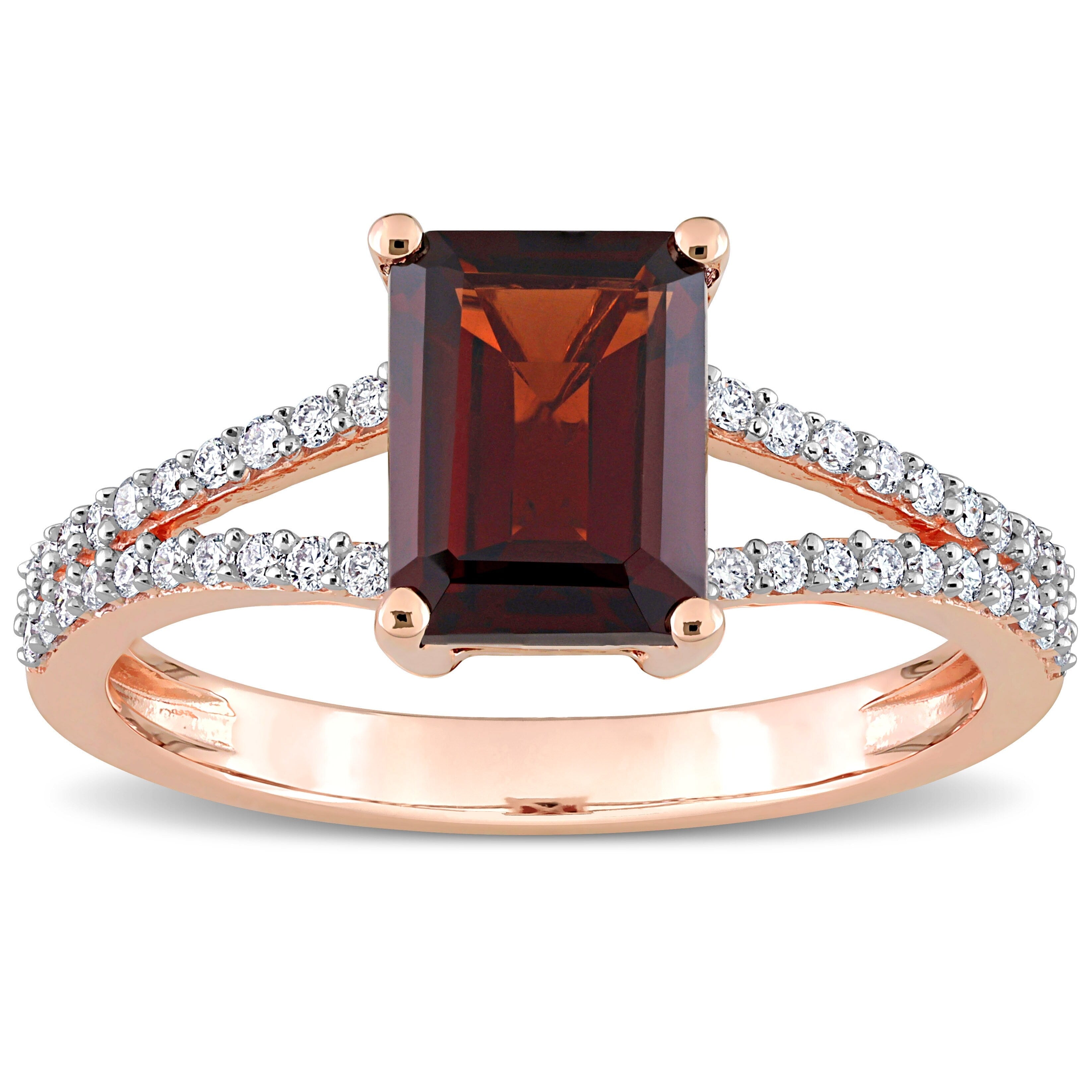 Miadora Octagon-Cut Garnet and 1/5ct TDW Diamond Split Shank Cocktail Ring in 14k Rose Gold