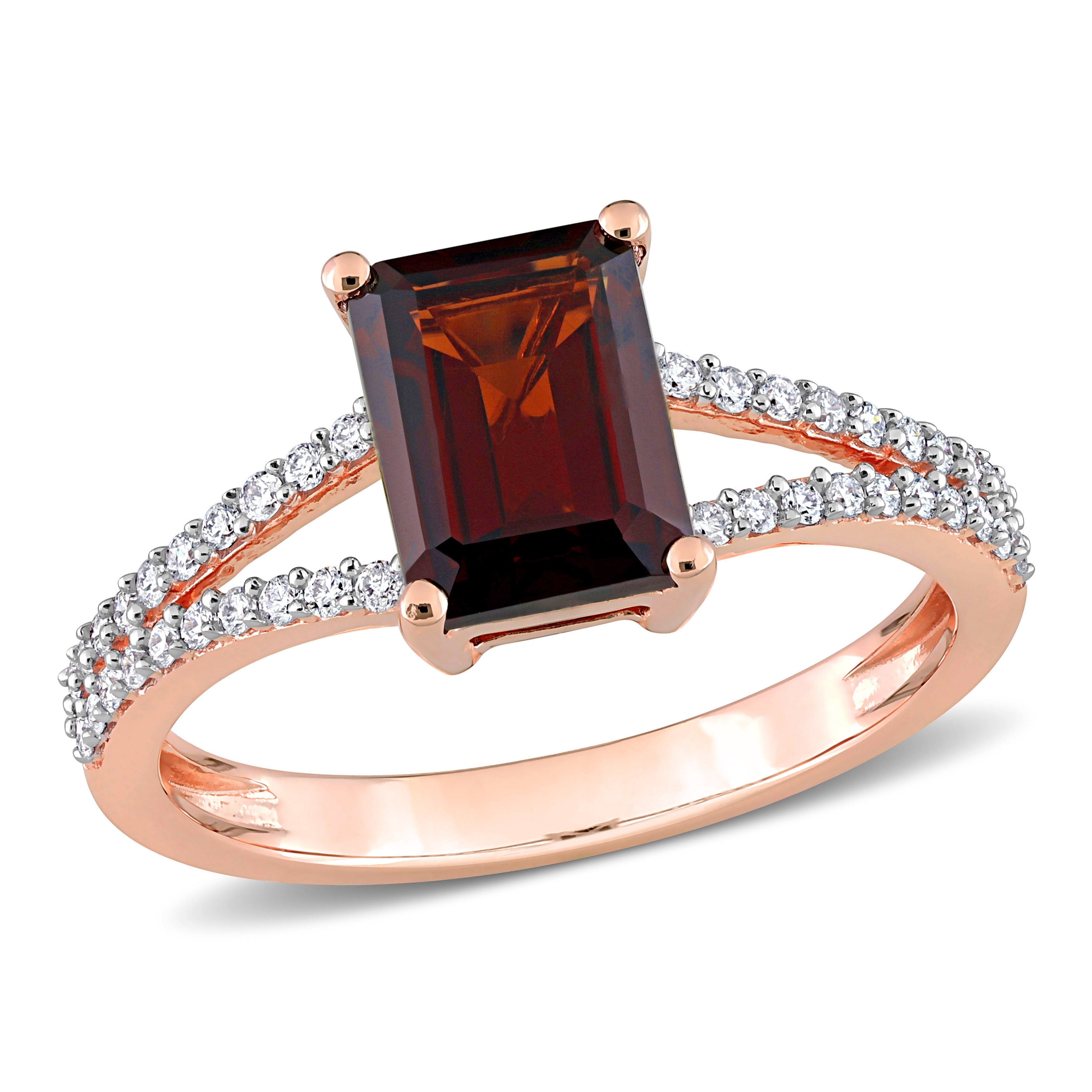 Miadora Octagon-Cut Garnet and 1/5ct TDW Diamond Split Shank Cocktail Ring in 14k Rose Gold
