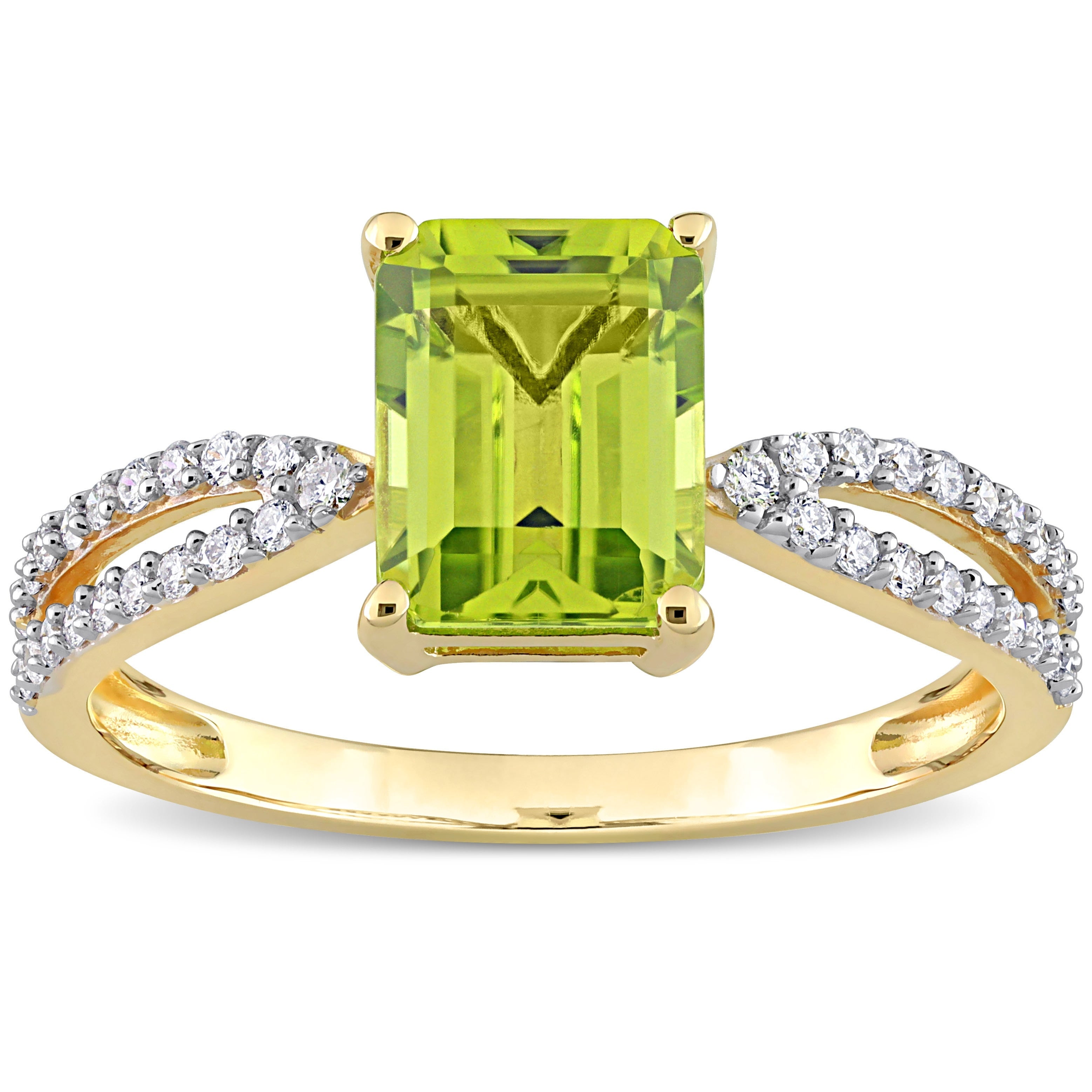 Miadora Octagon-cut Peridot and 1/5ct TDW Diamond Split Shank Cocktail Ring in 14k Yellow Gold