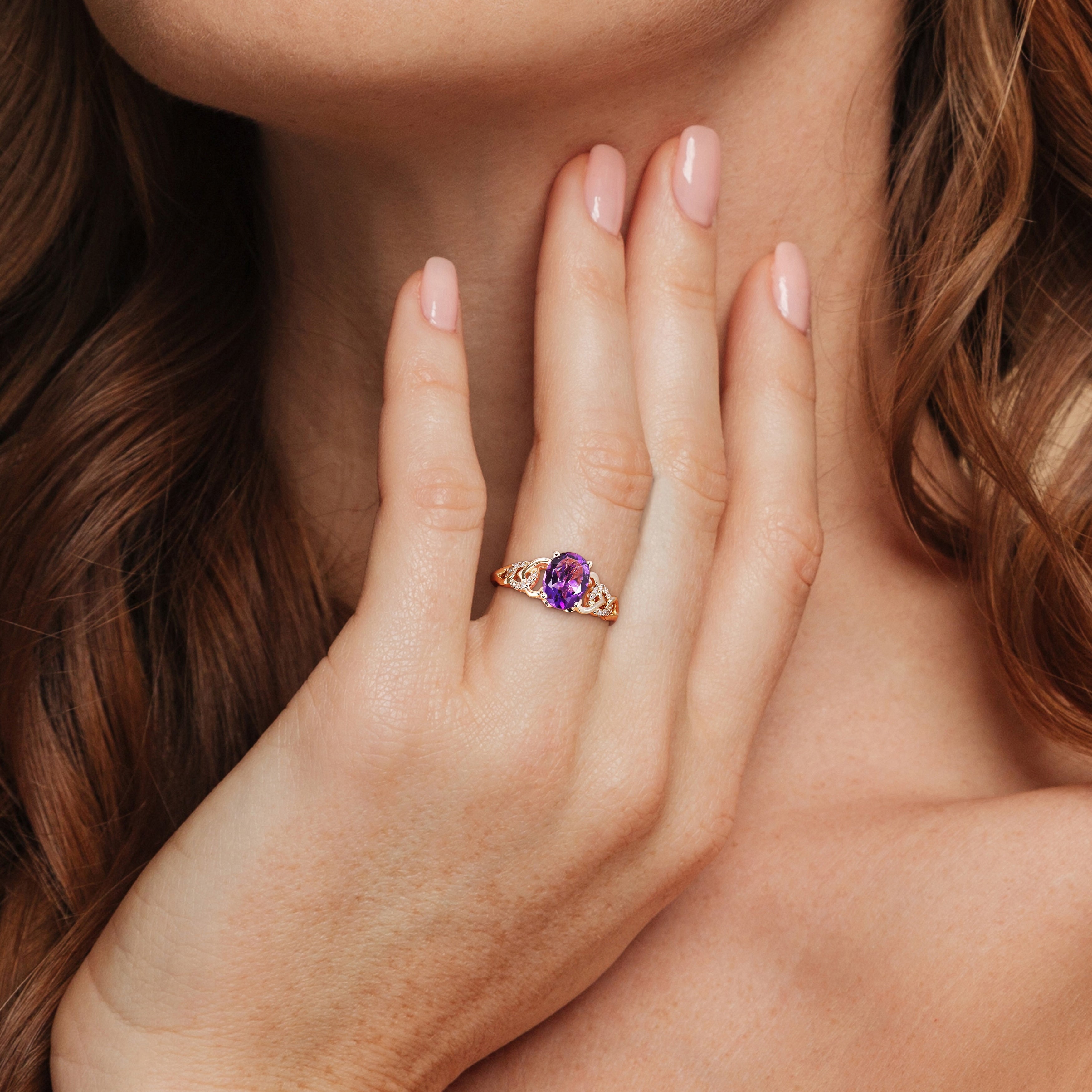 Miadora Oval African Amethyst and Diamond Accent Link Engagement Ring in 10k Yellow Gold
