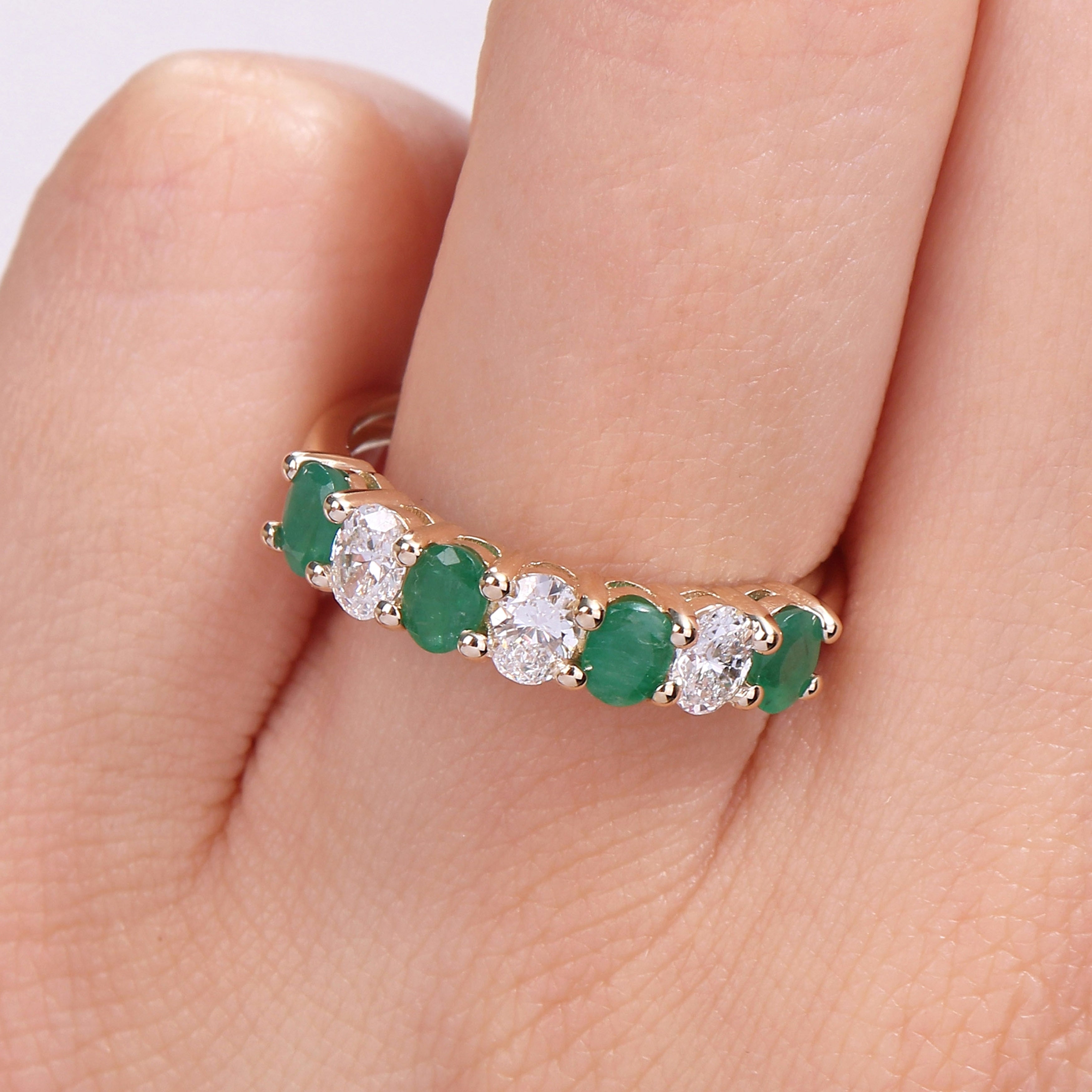 Miadora Oval-cut Emerald and 1/2ct TDW Diamond Semi-Eternity Anniversary Band in 14k Yellow Gold