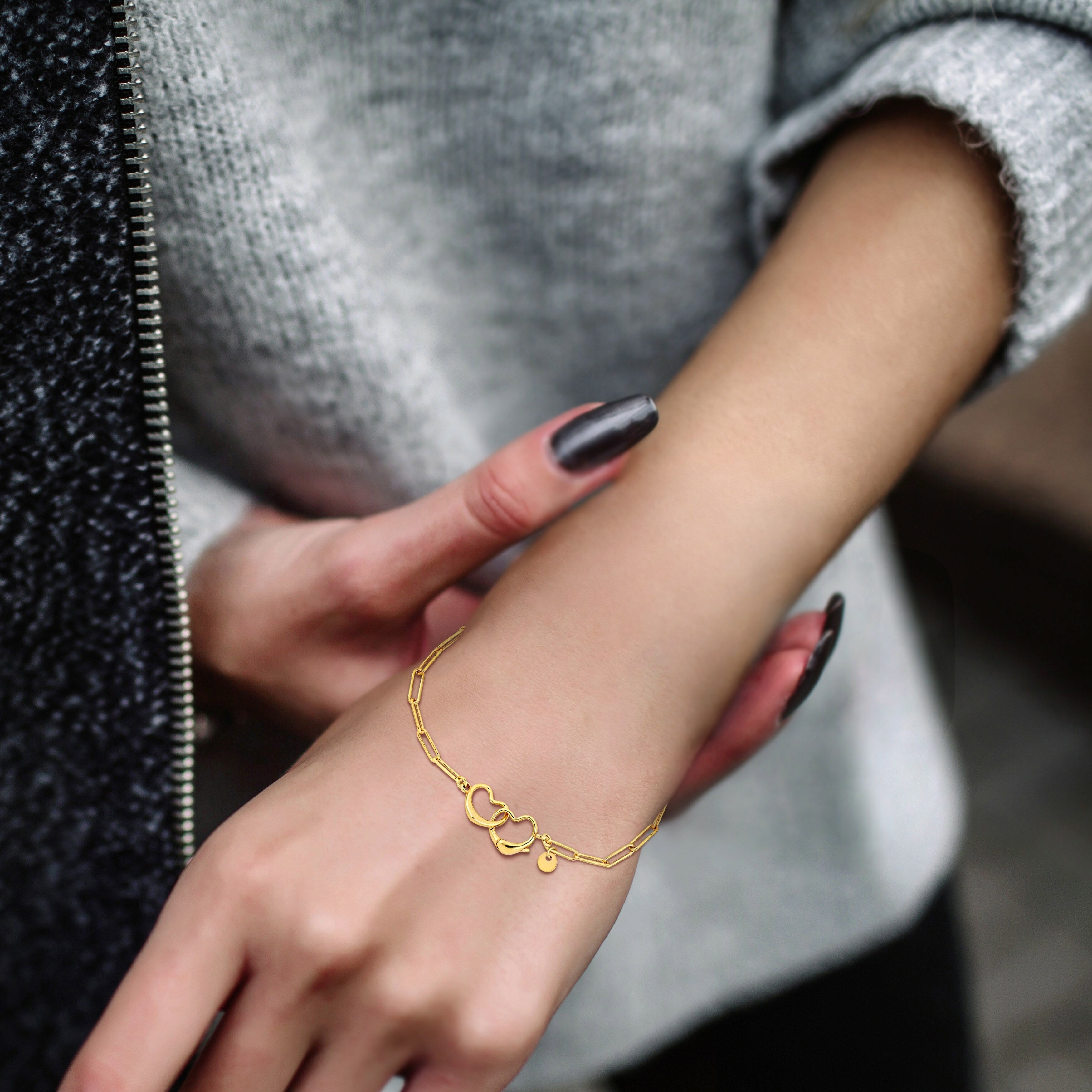Miadora Paper Clip Link Bracelet with double heart clasp in Yellow Sterling Silver