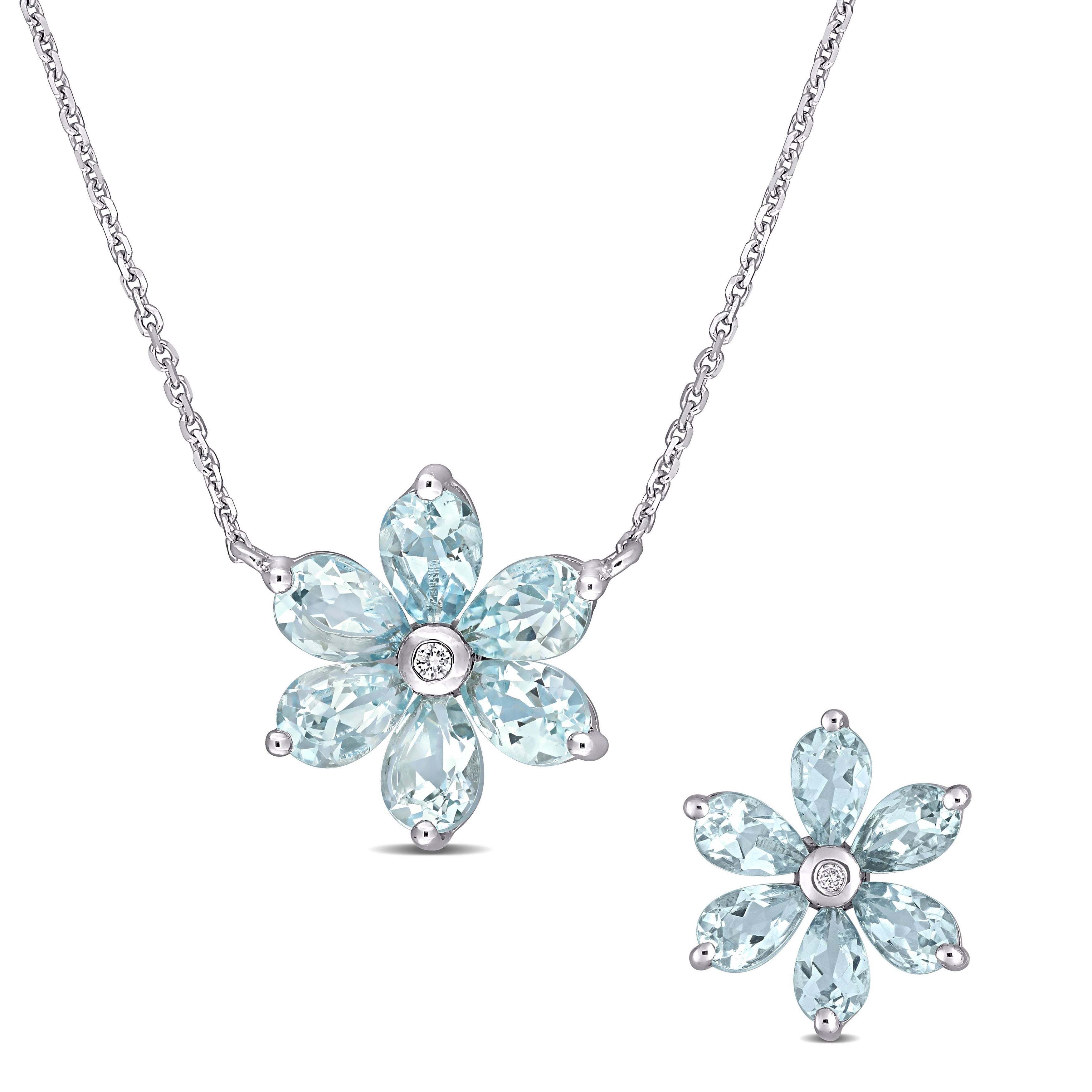 Miadora Pear-cut Aquamarine and Diamond Accent Floral Earrings and Necklace Set in 14k White Gold