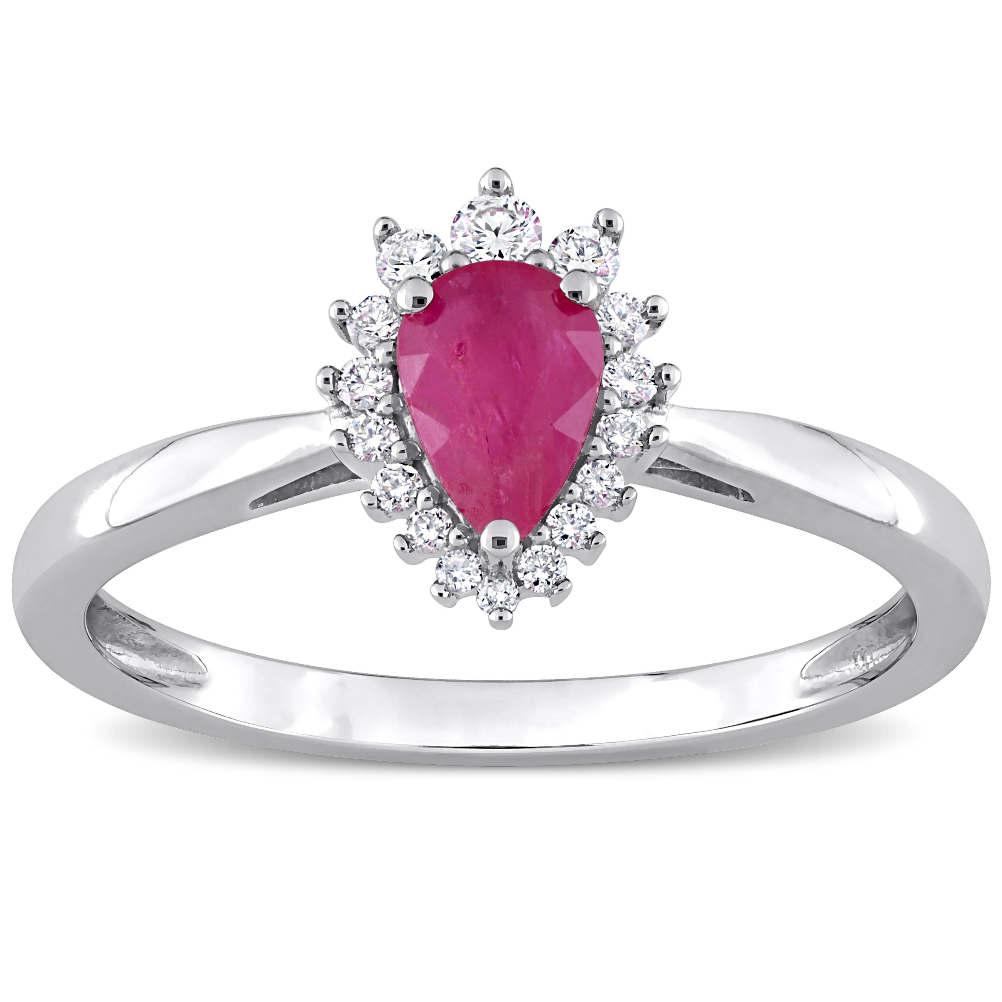 Miadora Pear-cut Ruby and 1/8ct TDW Diamond Graduated Halo Teardrop Ring in 14k White Gold