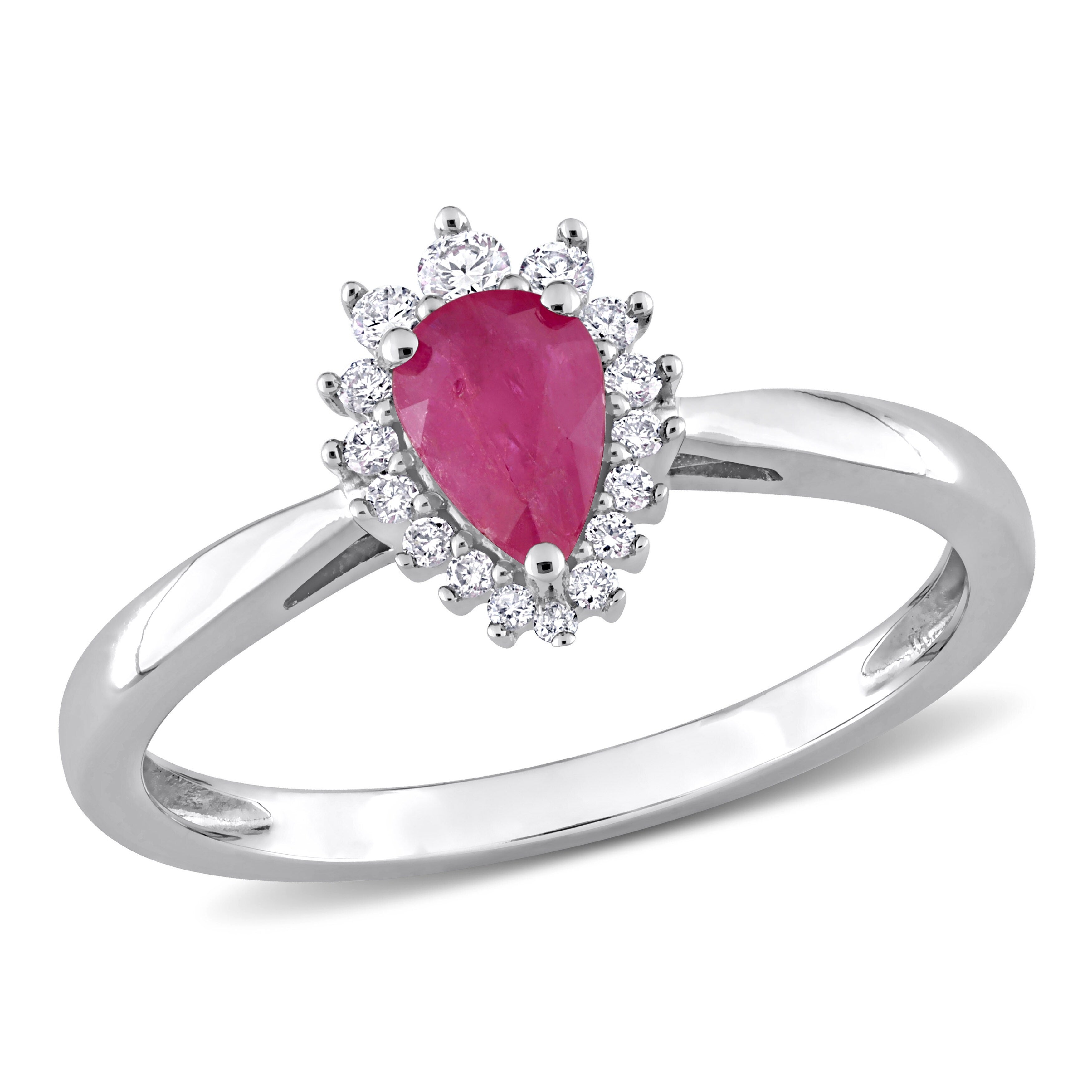 Miadora Pear-cut Ruby and 1/8ct TDW Diamond Graduated Halo Teardrop Ring in 14k White Gold