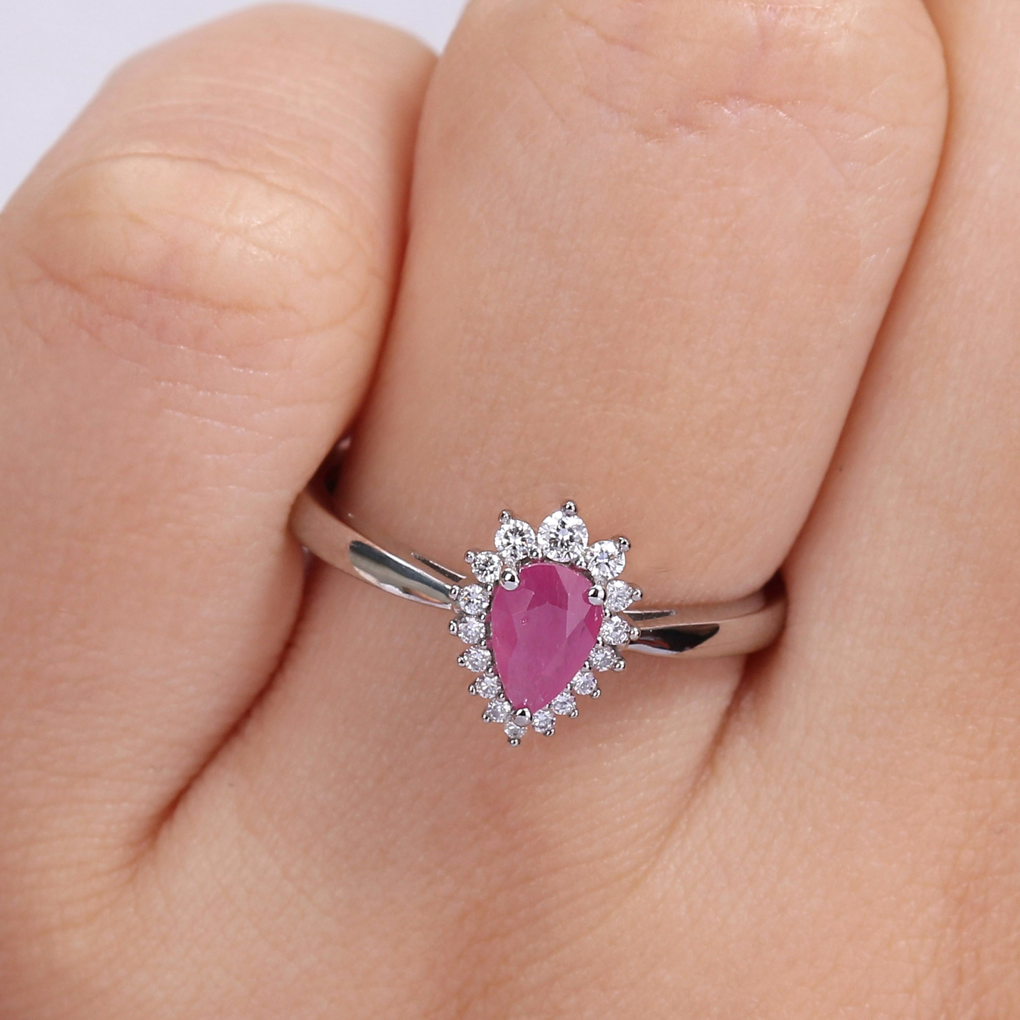 Miadora Pear-cut Ruby and 1/8ct TDW Diamond Graduated Halo Teardrop Ring in 14k White Gold
