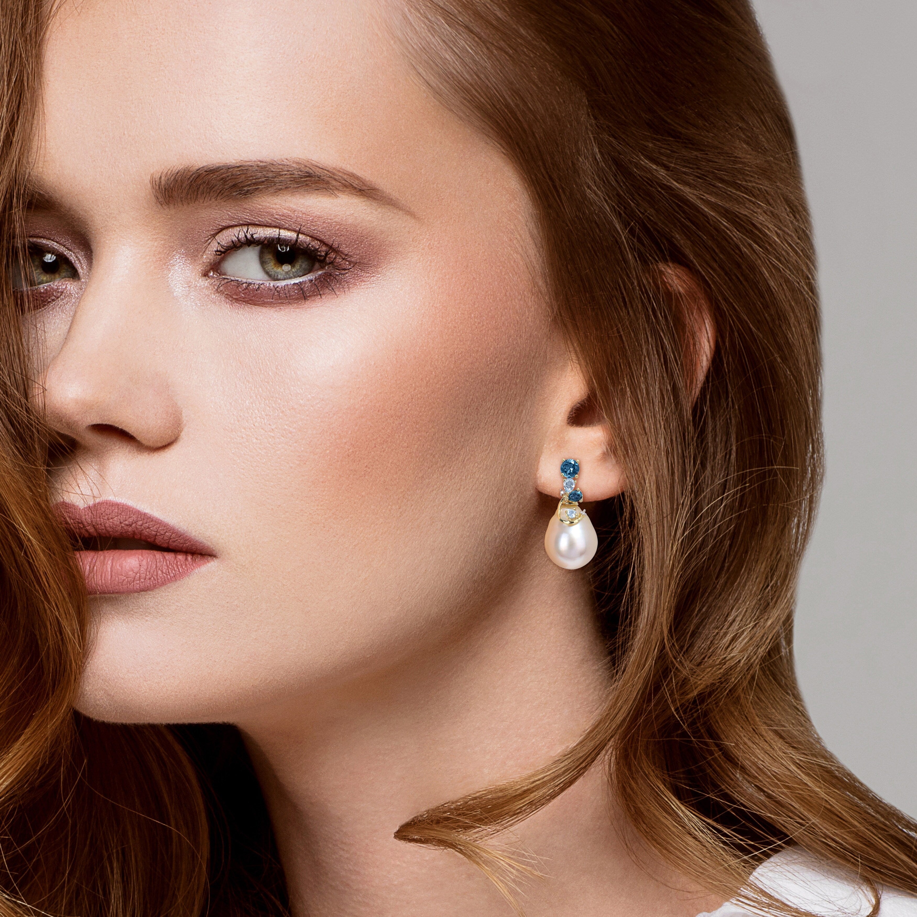Miadora Pearl, Sky Blue Topaz, London Blue Topaz & Diamond Accent Earrings in 14k Yellow Gold