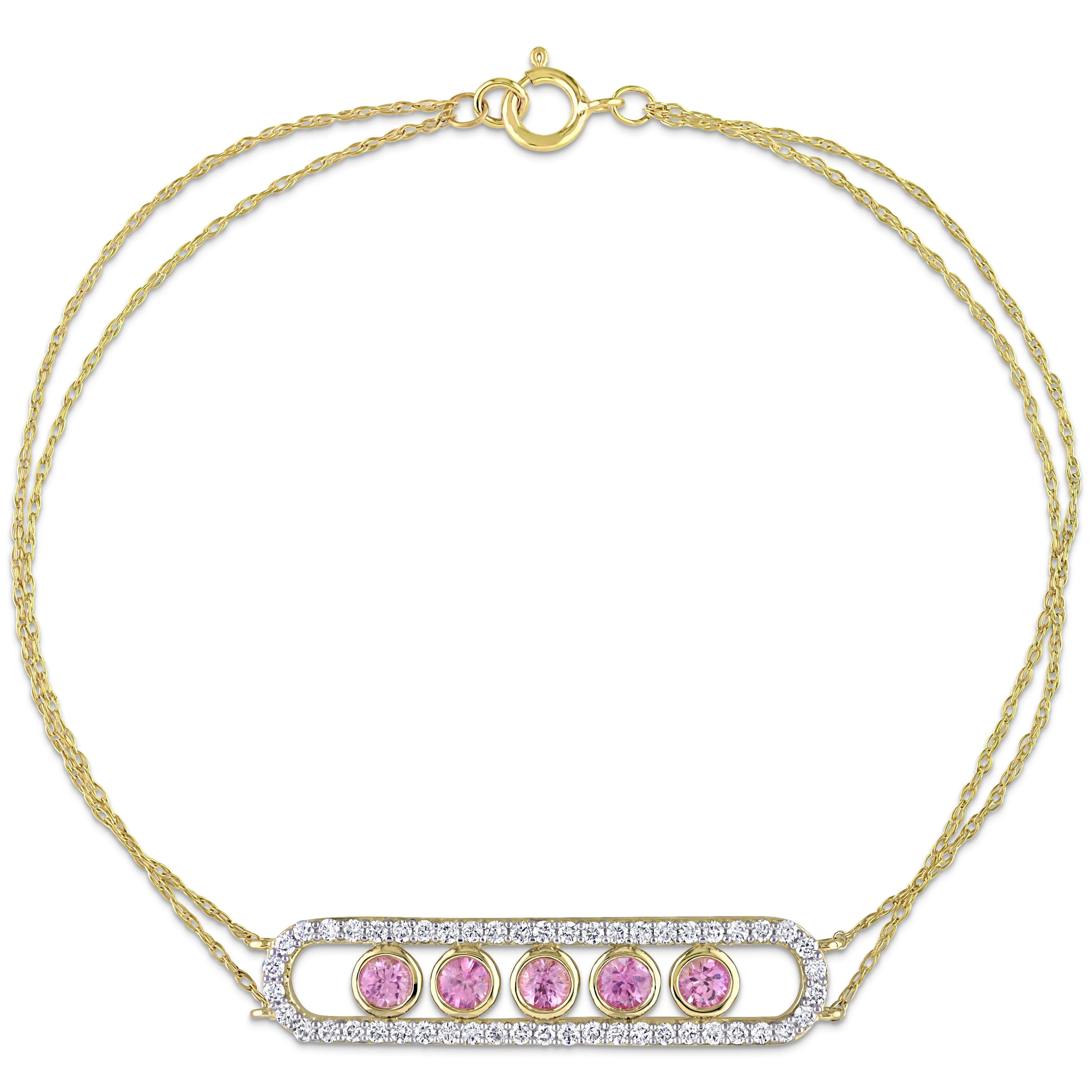 Miadora Pink Sapphire & 1/2ct TDW Diamond 5-Stone Station Halo Bar Bracelet in 10k Yellow Gold