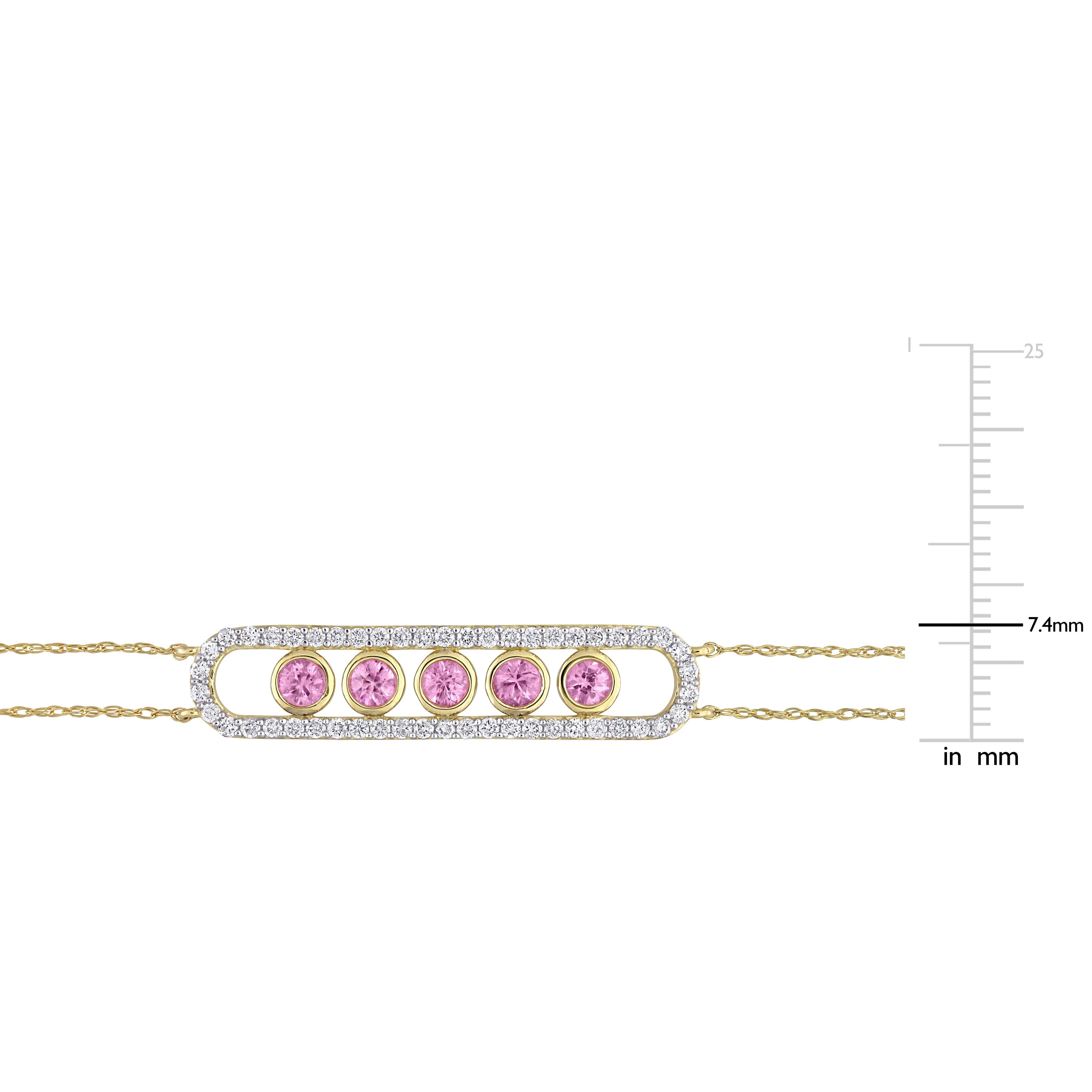 Miadora Pink Sapphire & 1/2ct TDW Diamond 5-Stone Station Halo Bar Bracelet in 10k Yellow Gold