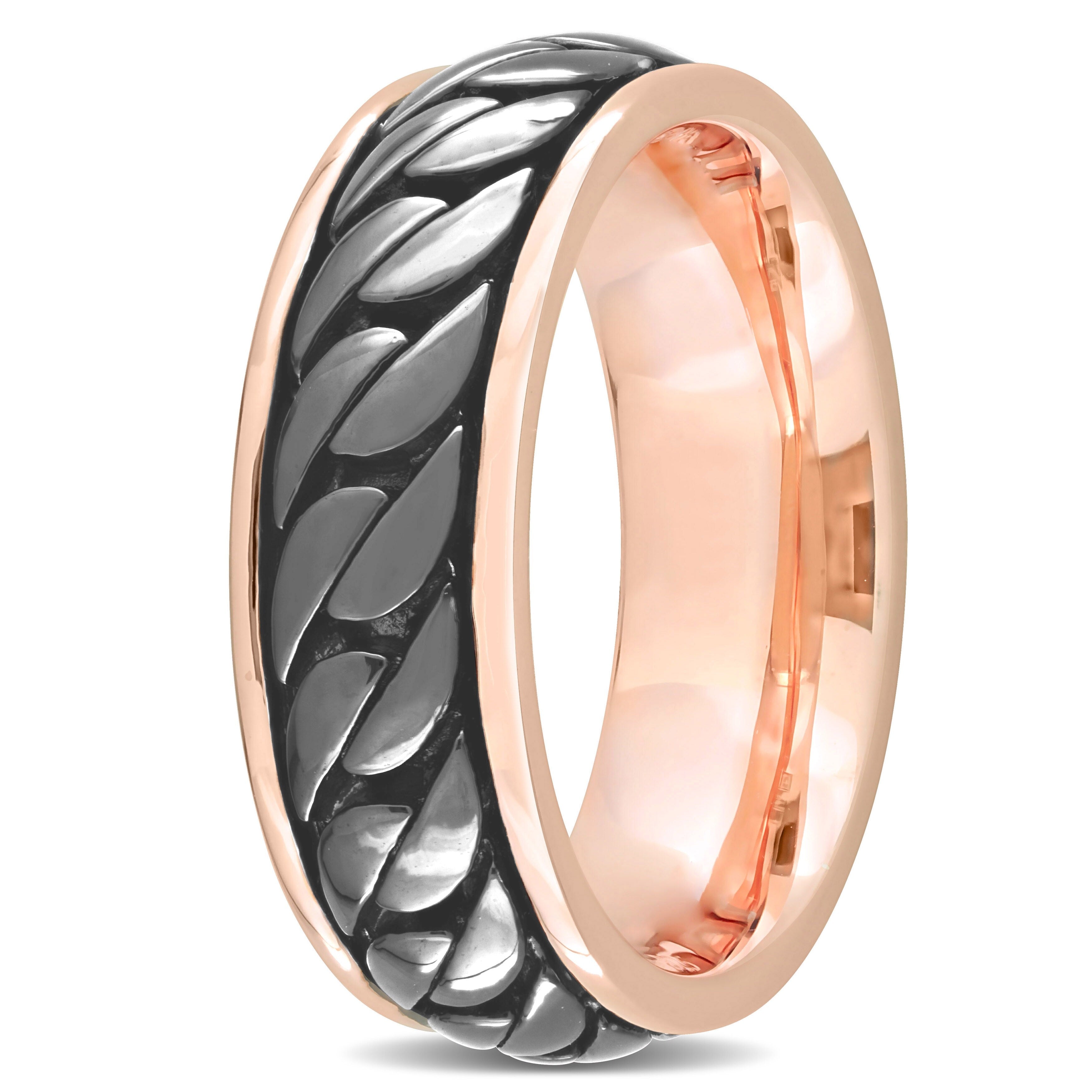 Miadora Ribbed Design Mens Ring in Rose Silver with Black Rhodium Plating