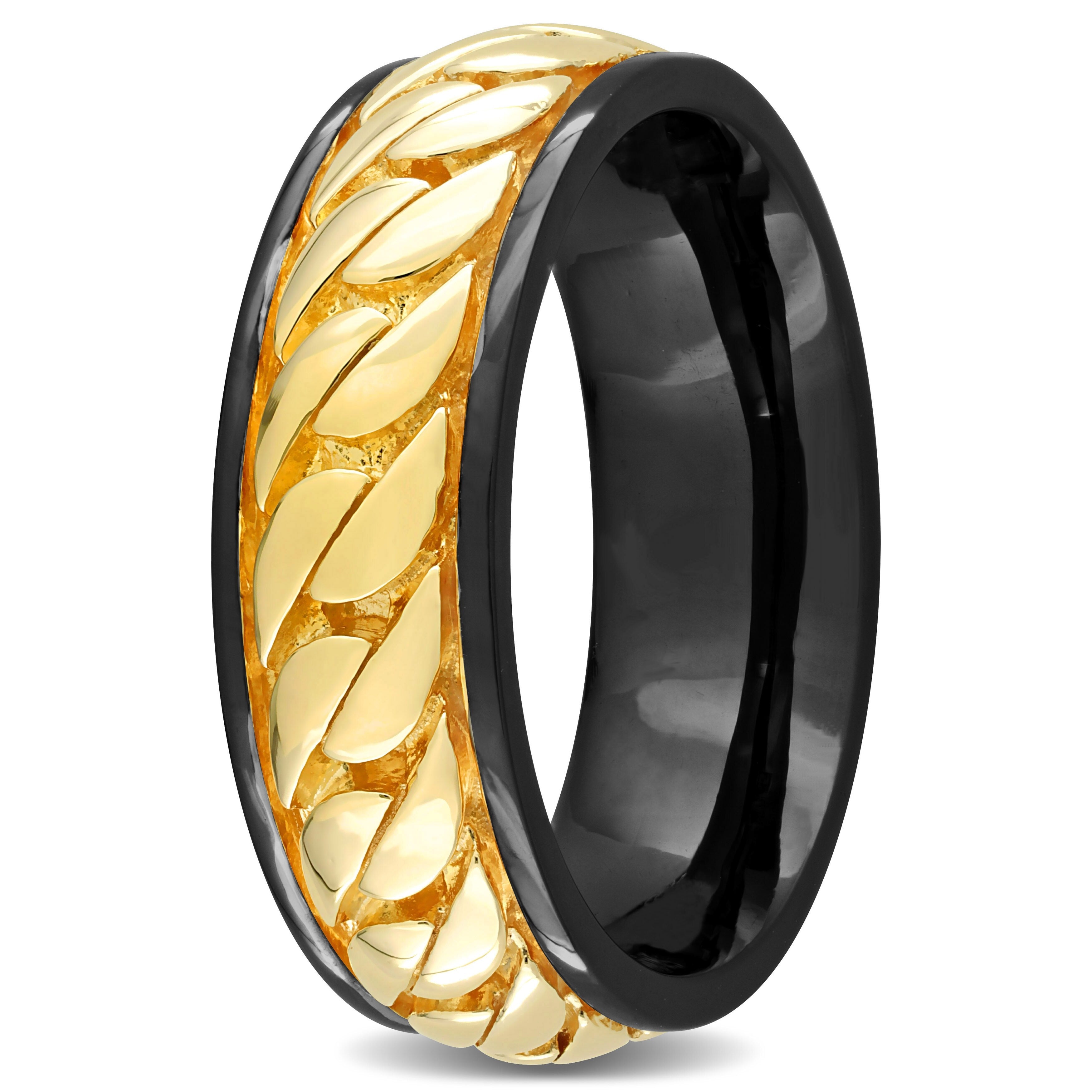 Miadora Ribbed Design Mens Ring in Sterling Silver Black and Yellow
