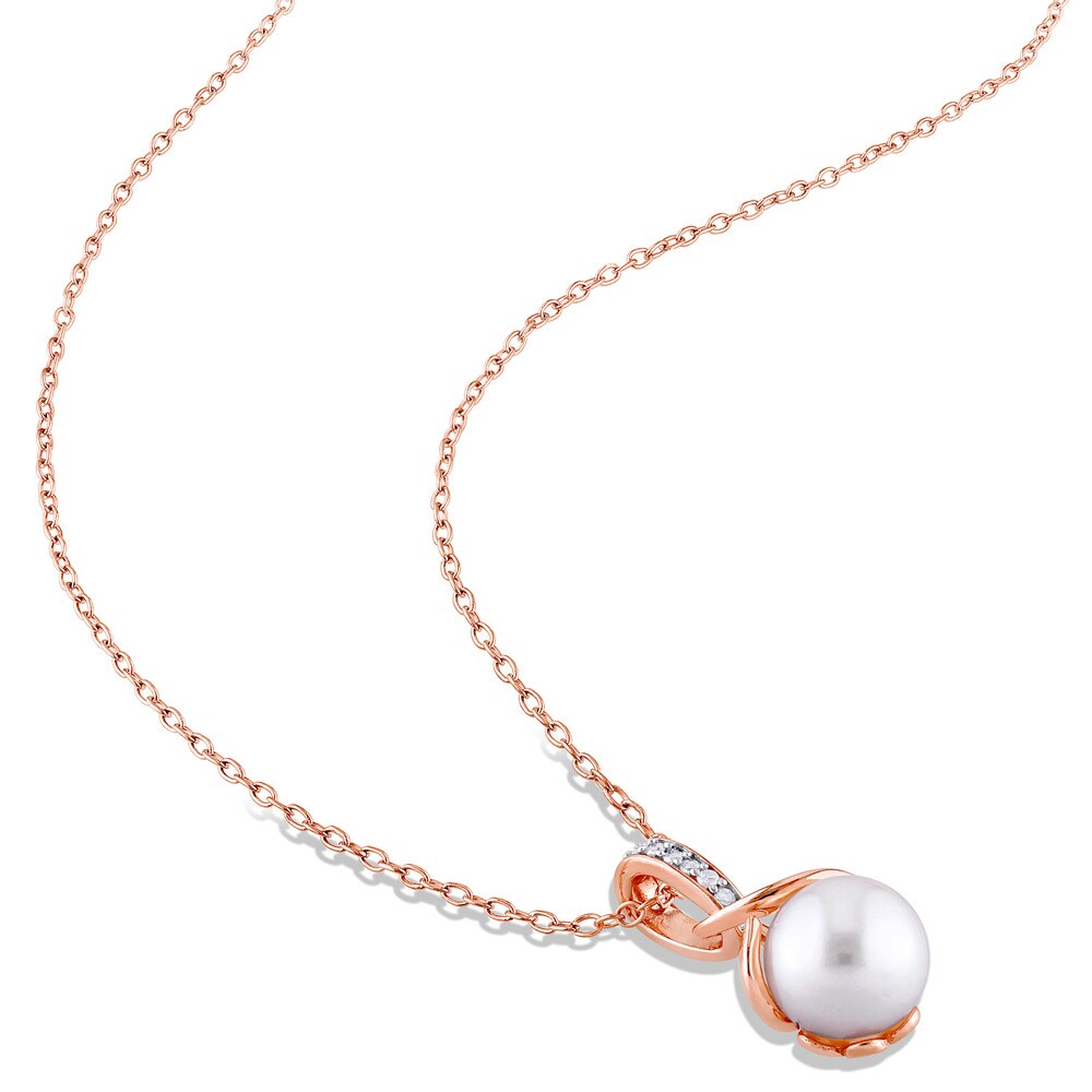 Miadora Rose Plated Sterling Silver Cultured Pearl 1/10ct TDW Diamond Necklace and Leverback Earrings Set (G-H,I2-I3)(8-8.5mm)