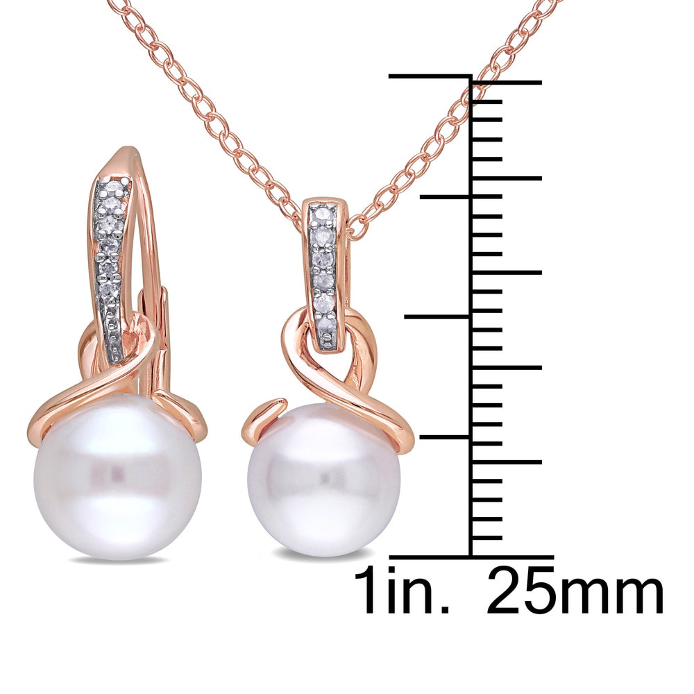Miadora Rose Plated Sterling Silver Cultured Pearl 1/10ct TDW Diamond Necklace and Leverback Earrings Set (G-H,I2-I3)(8-8.5mm)