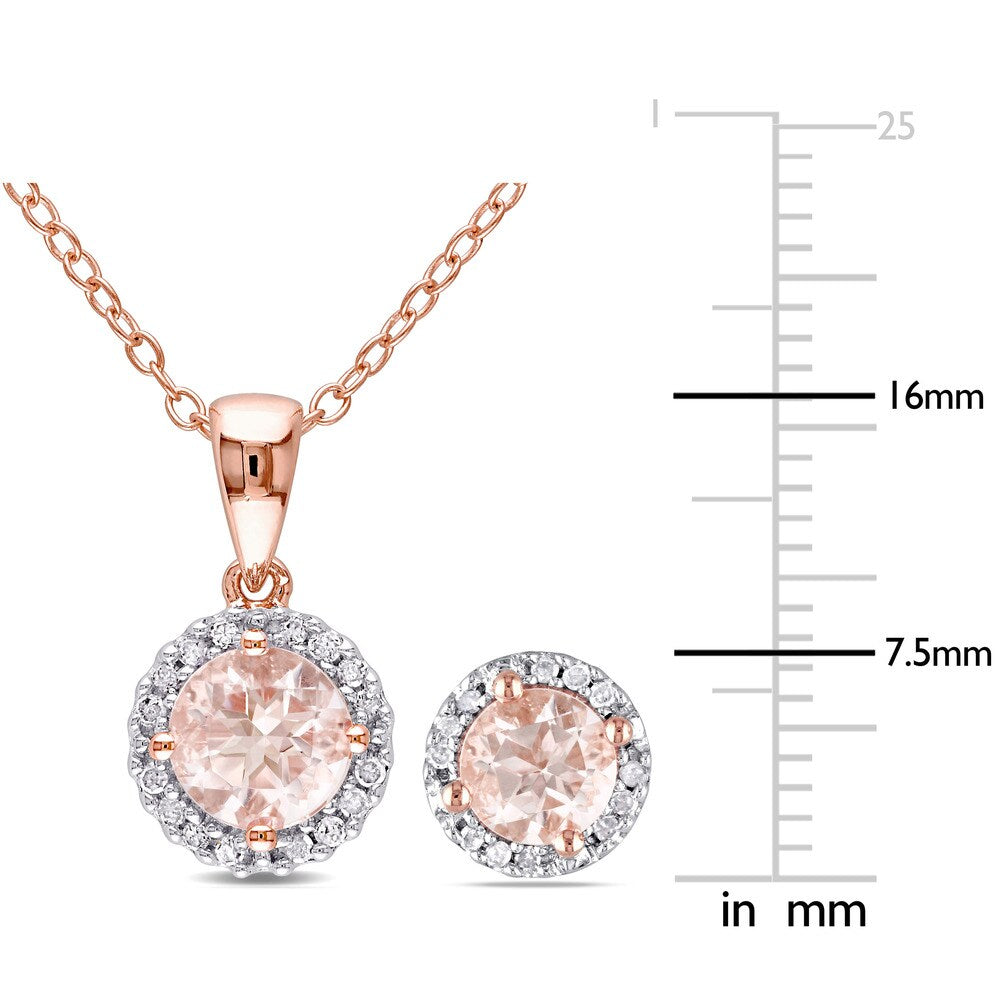 Miadora Rose Plated Sterling Silver Morganite and 1/6ct TDW Diamond Halo 2-Piece Necklace and Stud Earrings Set - Pink