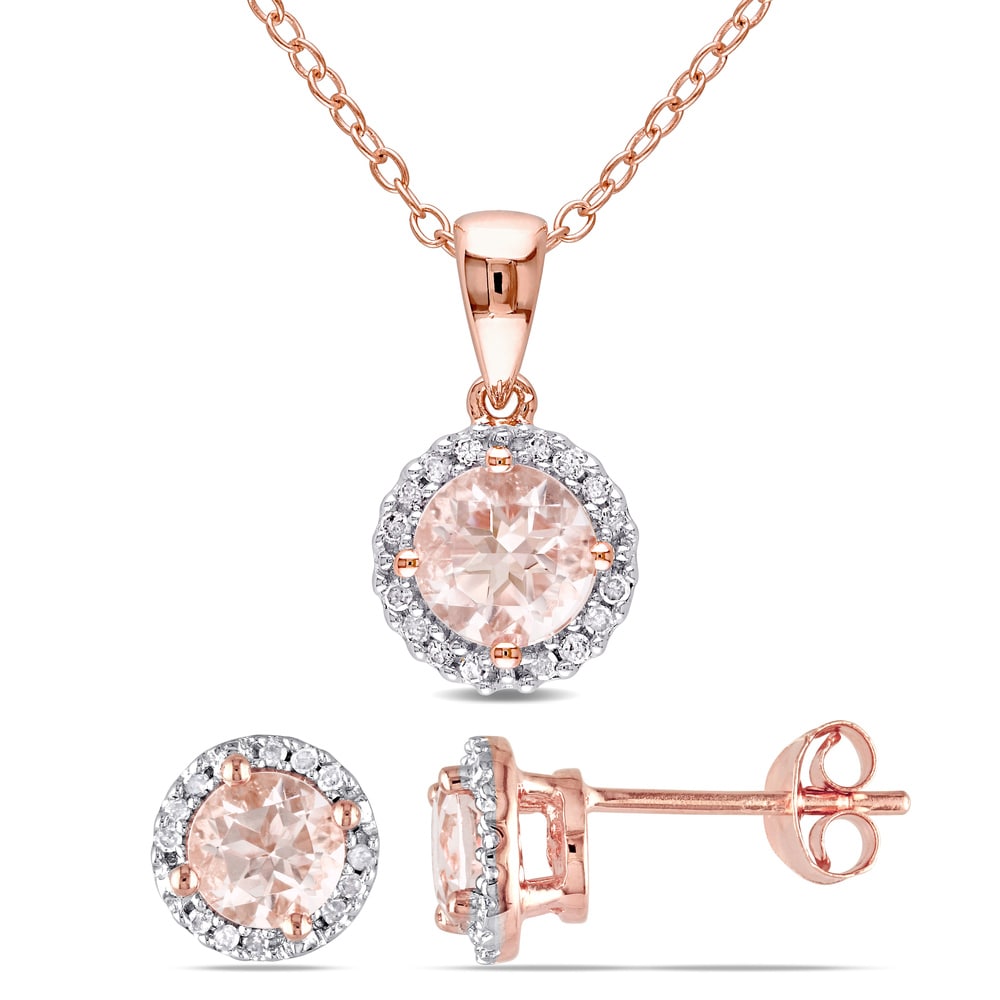 Miadora Rose Plated Sterling Silver Morganite and 1/6ct TDW Diamond Halo 2-Piece Necklace and Stud Earrings Set - Pink