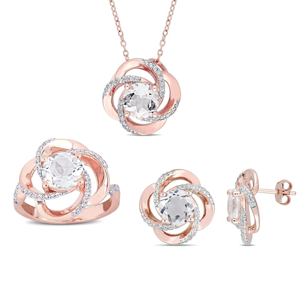 Miadora Rose Plated Sterling Silver White Topaz Swirl Halo Earring Necklace and Ring Set