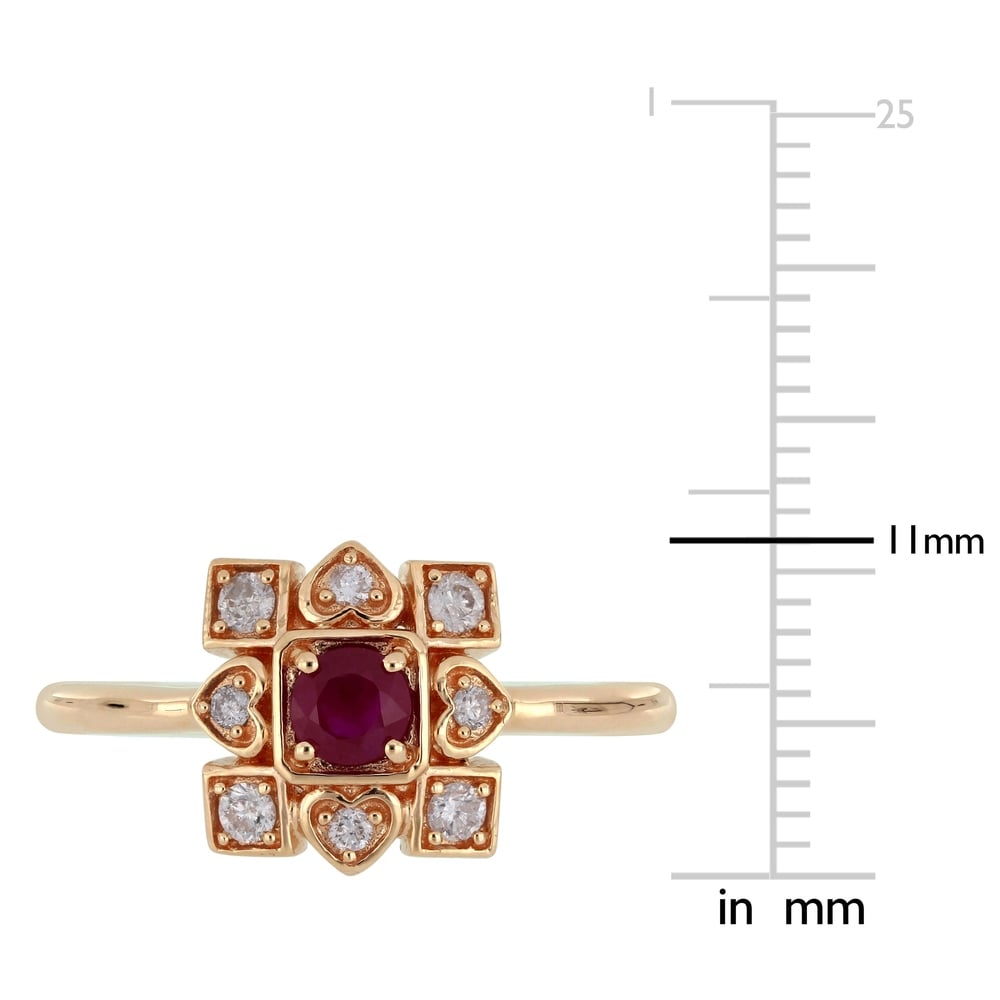 Miadora Signature Collection 10k Rose Gold Ruby and 1/5ct TDW Diamond Clustered Square Halo Artisanal Ring