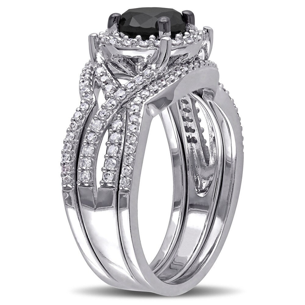 Miadora Signature Collection 10k White Gold 1 1/2ct TDW Black and White Diamond 3-piece Halo Bridal Ring Set (G-H, I2-I3)