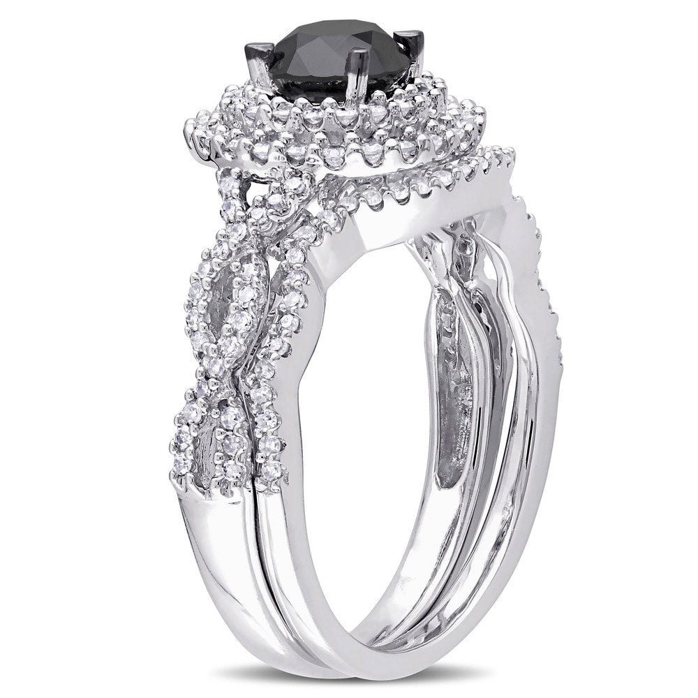 Miadora Signature Collection 10k White Gold 1 1/2ct TDW Black and White Diamond Double Halo Bridal R